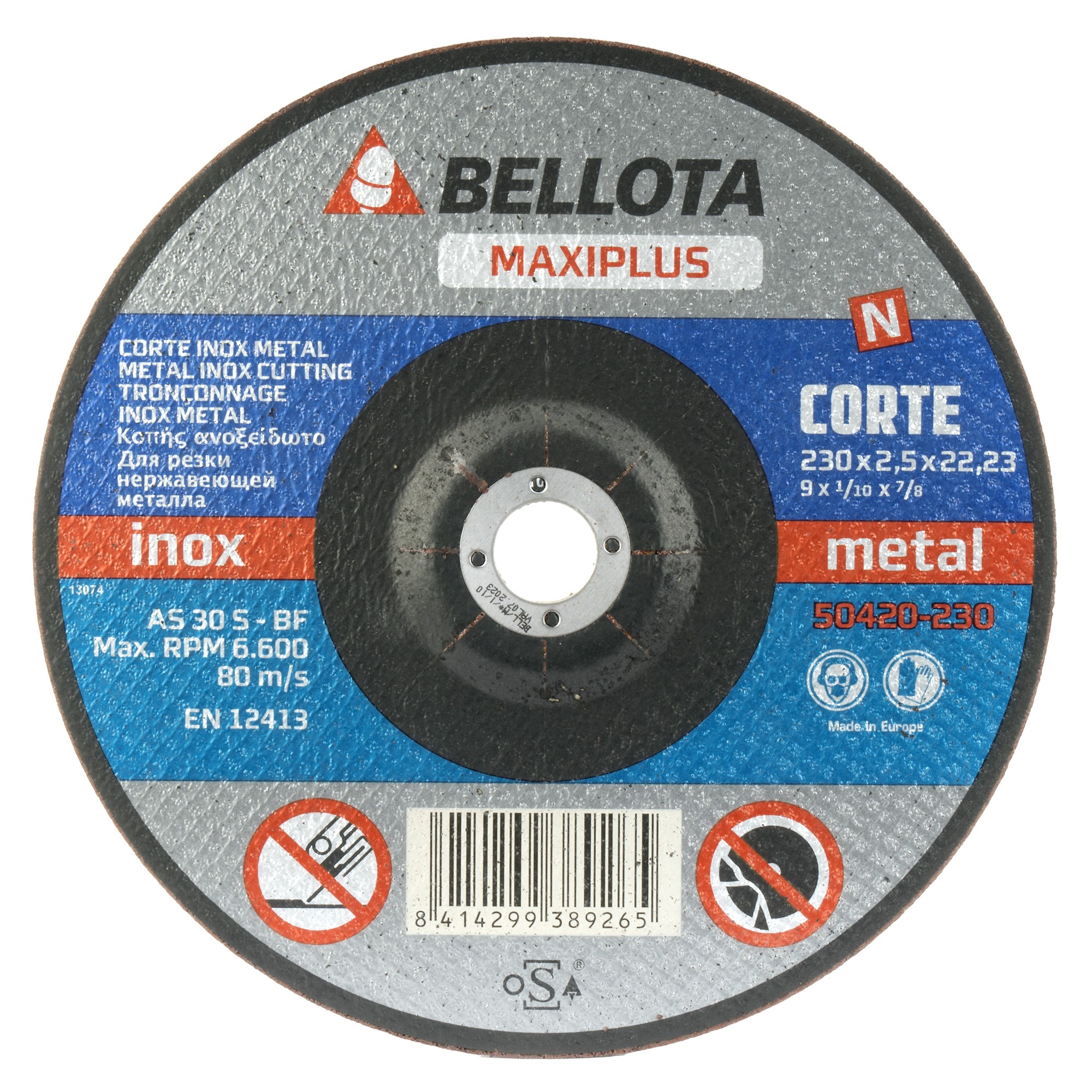 Disco abrasivo maxiplus para corte inox-metal, espesor 2,5 mm y Ø 230 mm / 50420230