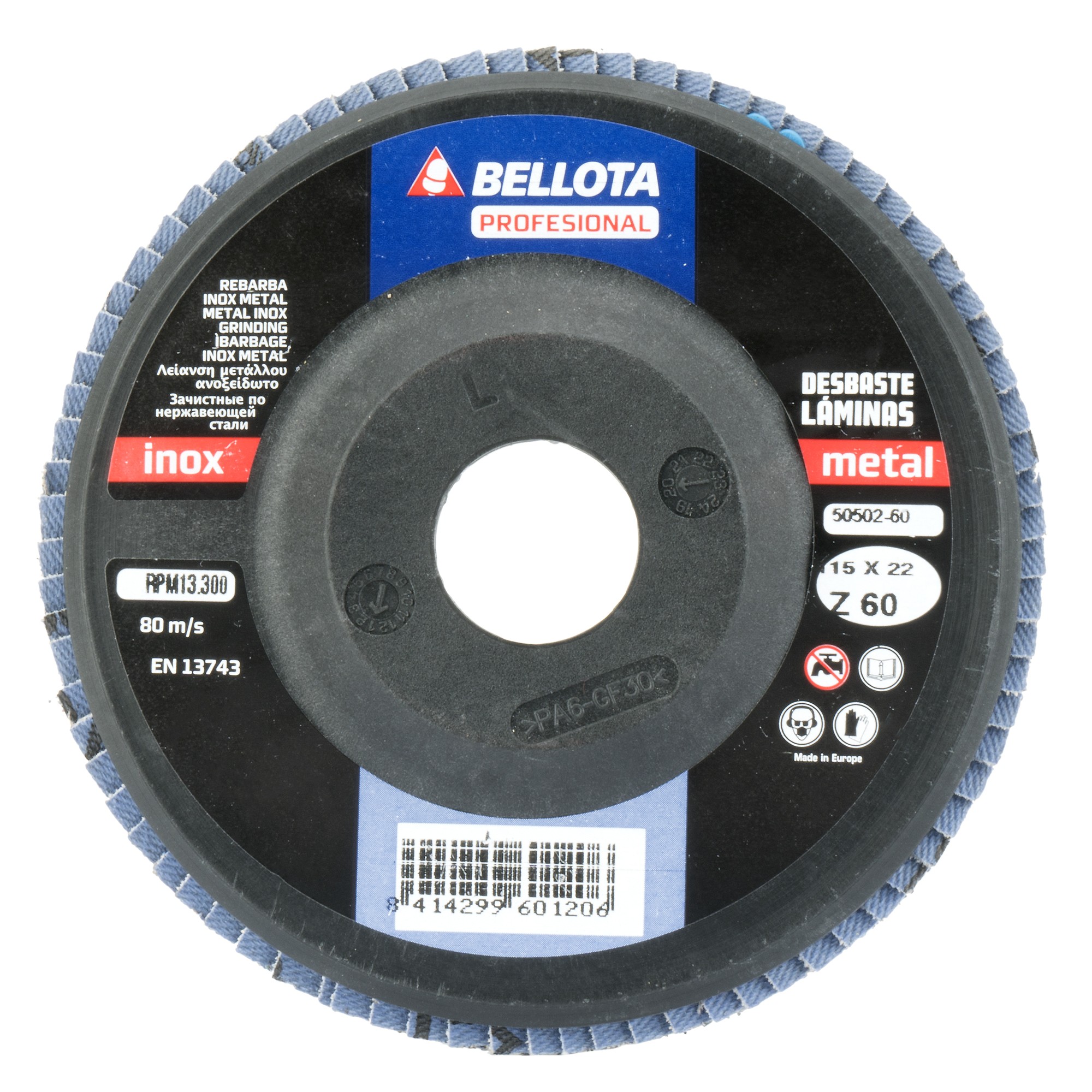 Disco de láminas base plana de poliamida para desbaste inox-metal, grano AZ 60 y Ø 115 / 5050260