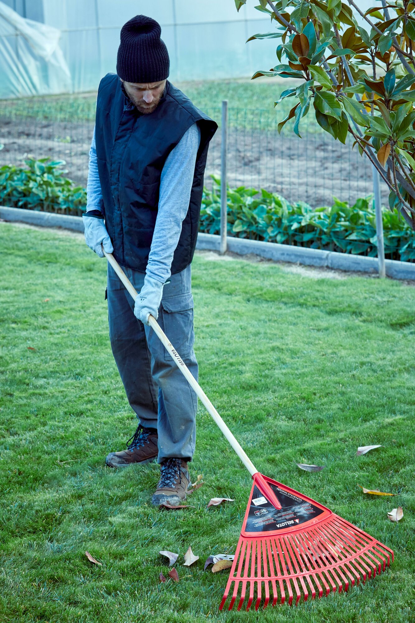 Escoba de plástico púa plana para limpieza de césped con mango madera FSC / 303424CM