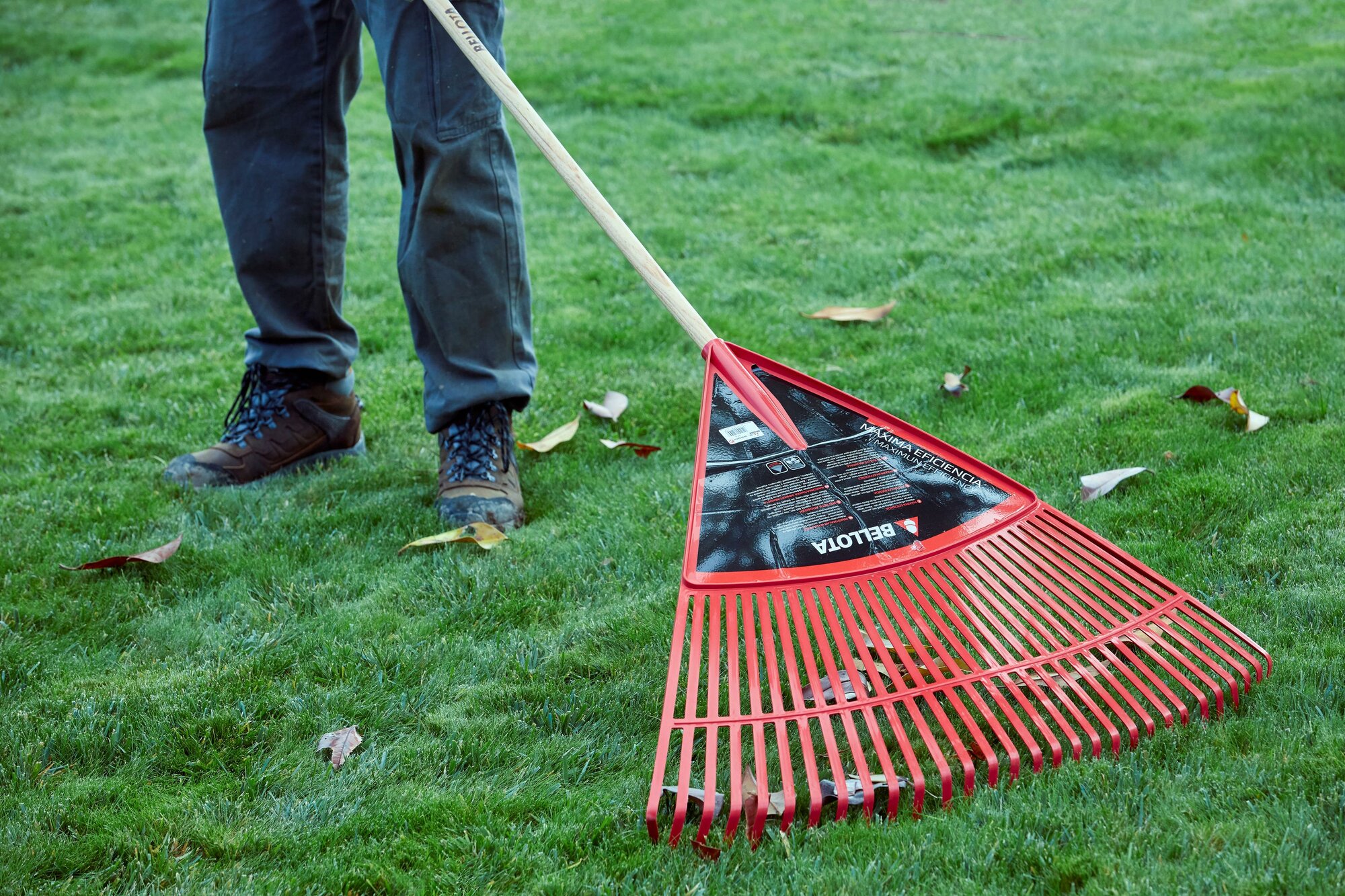 Escoba de plástico extragrande púa plana para limpieza de césped con mango madera FSC / 303432CM