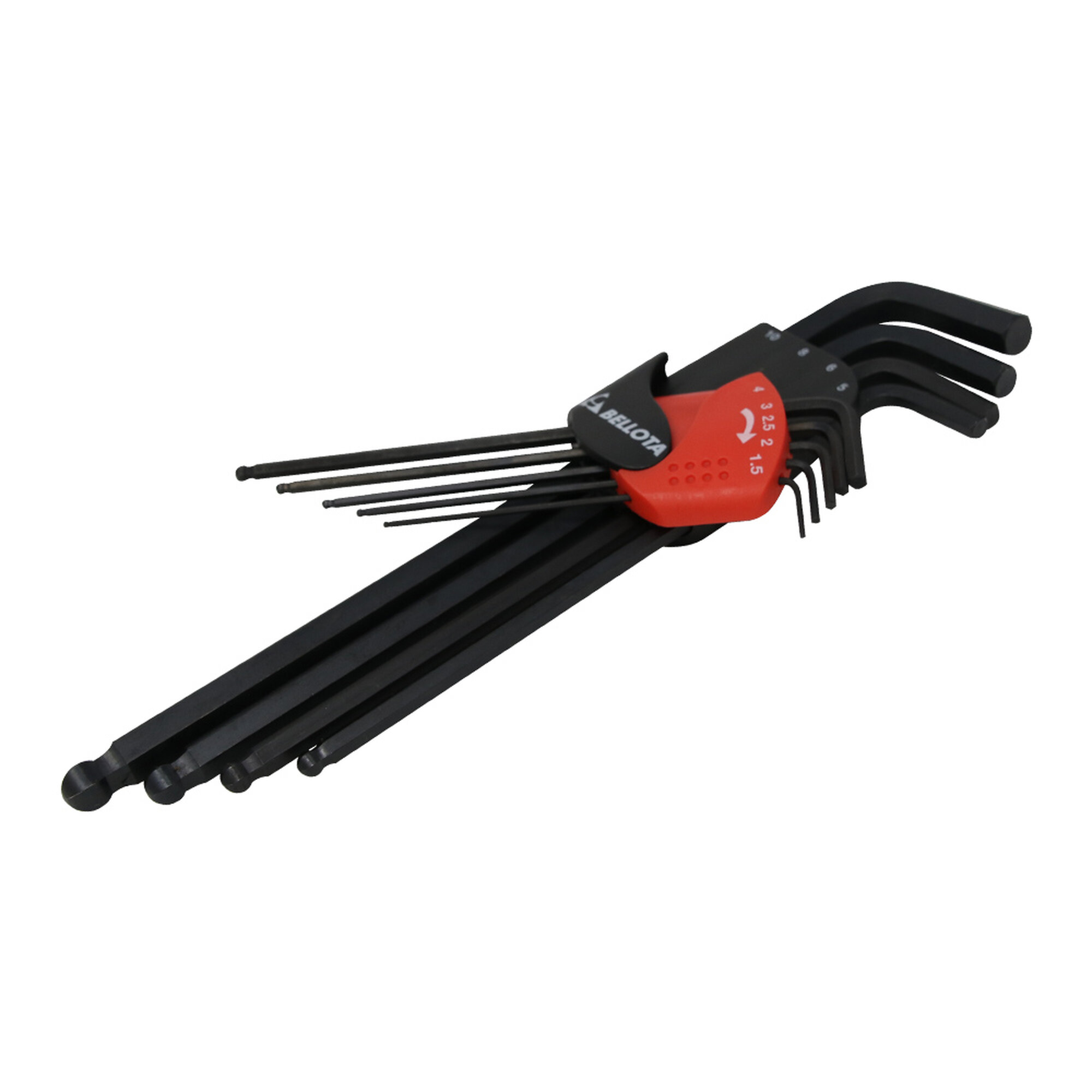 Juego clip de 9 llaves allen largas con bola pavonadas en acero CrV para apriete y ajuste / 64579P