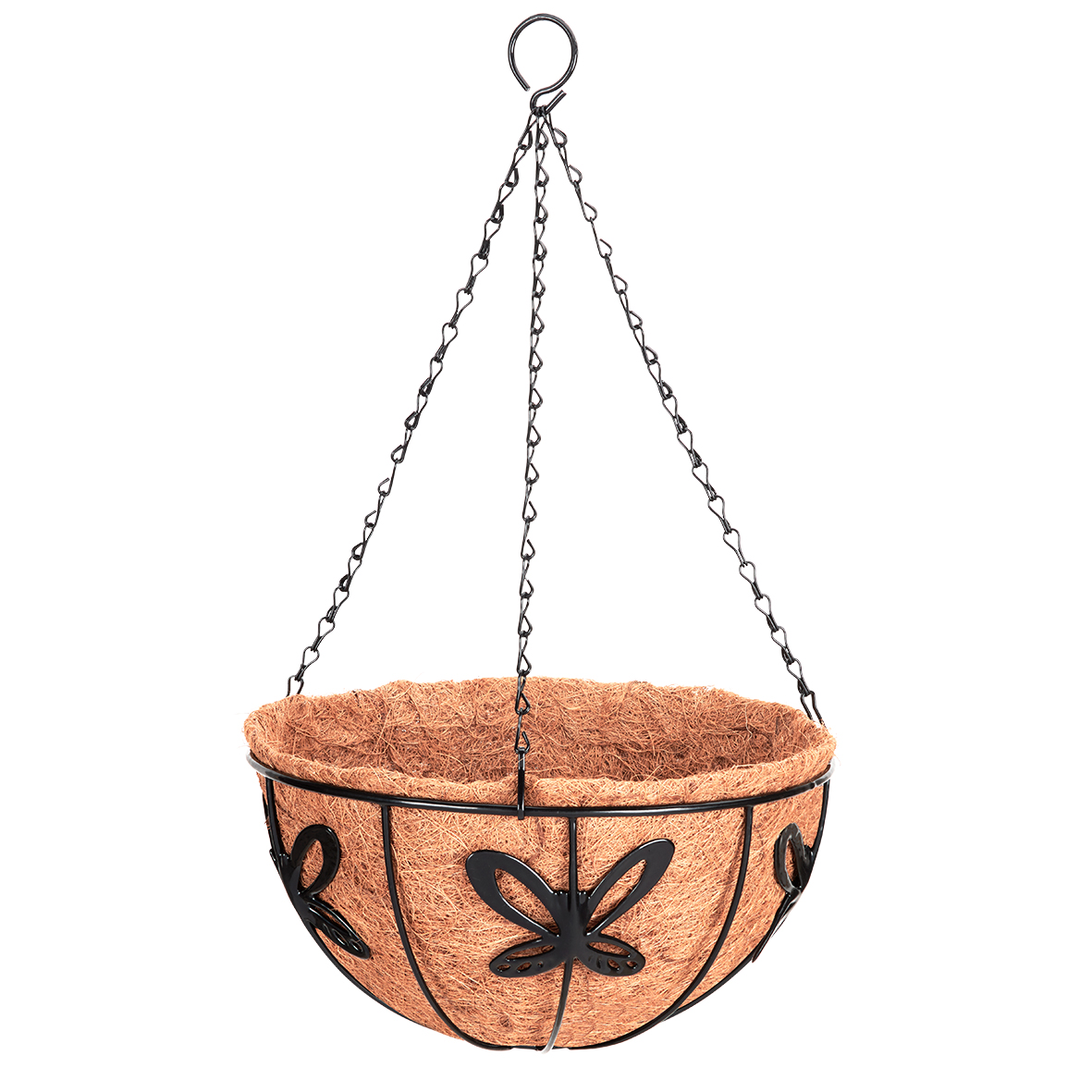 Cesto colgante ornamental de hierro forjado + forro de coco Ø 30 cm. + cadenas - Modelo Mariposa | B6010