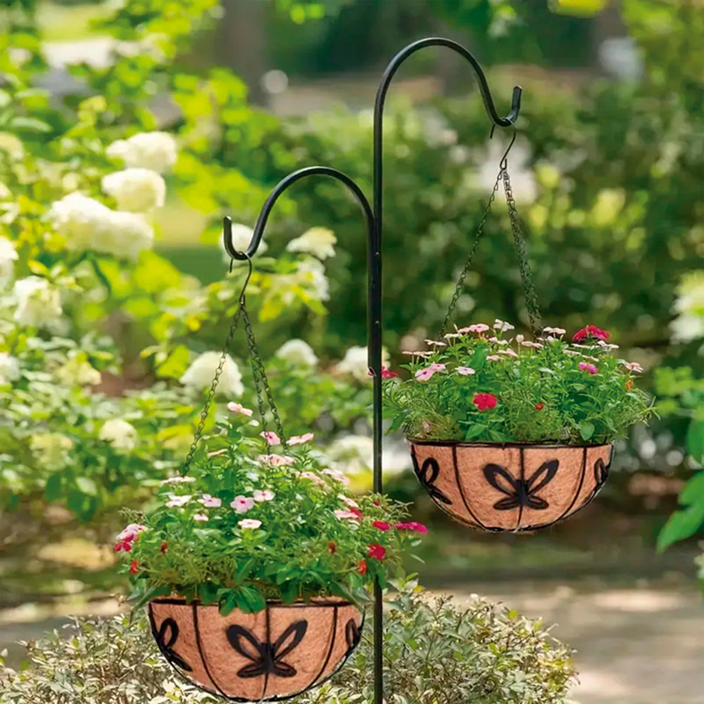 Cesto colgante ornamental de hierro forjado + forro de coco Ø 30 cm. + cadenas - Modelo Mariposa | B6010