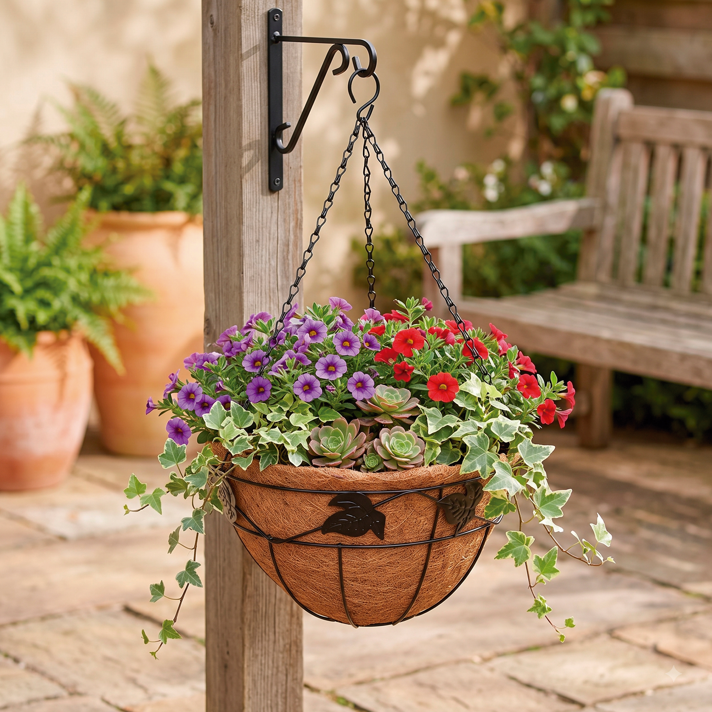 Cesto colgante ornamental de hierro forjado + forro de coco Ø 30 cm. + cadenas - Modelo Mariposa | B6020