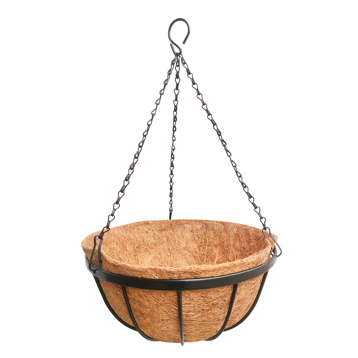 Cesto colgante ornamental de hierro forjado + forro de coco Ø 30 cm. + cadenas - Modelo Liso (sin decoración) | B6030