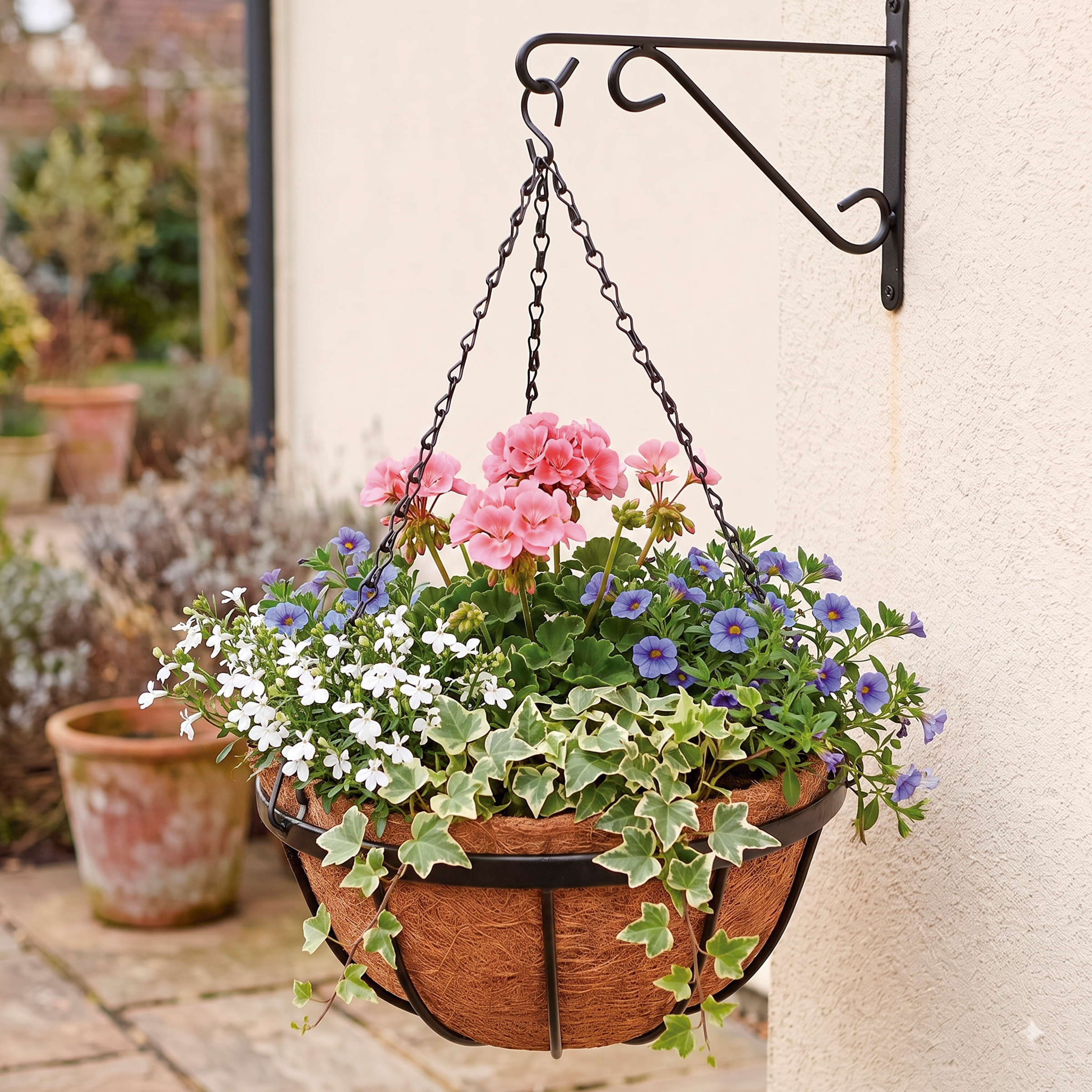 Cesto colgante ornamental de hierro forjado + forro de coco Ø 30 cm. + cadenas - Modelo Liso (sin decoración) | B6030