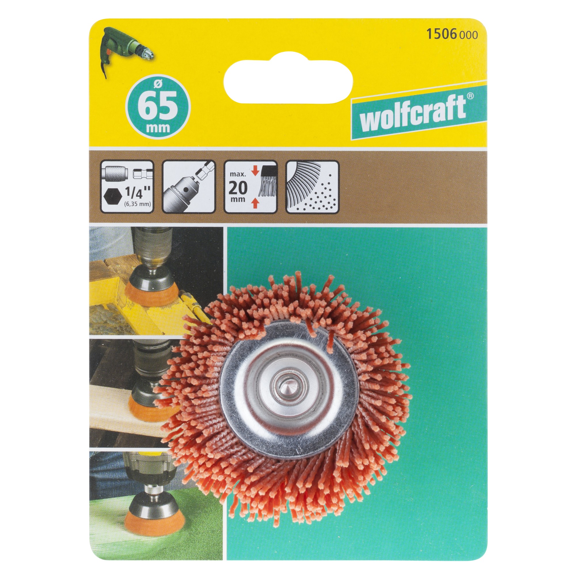 1 cepillo de copa de alambre de nylon, agresivo vást. hexagonal Ø 65 mm