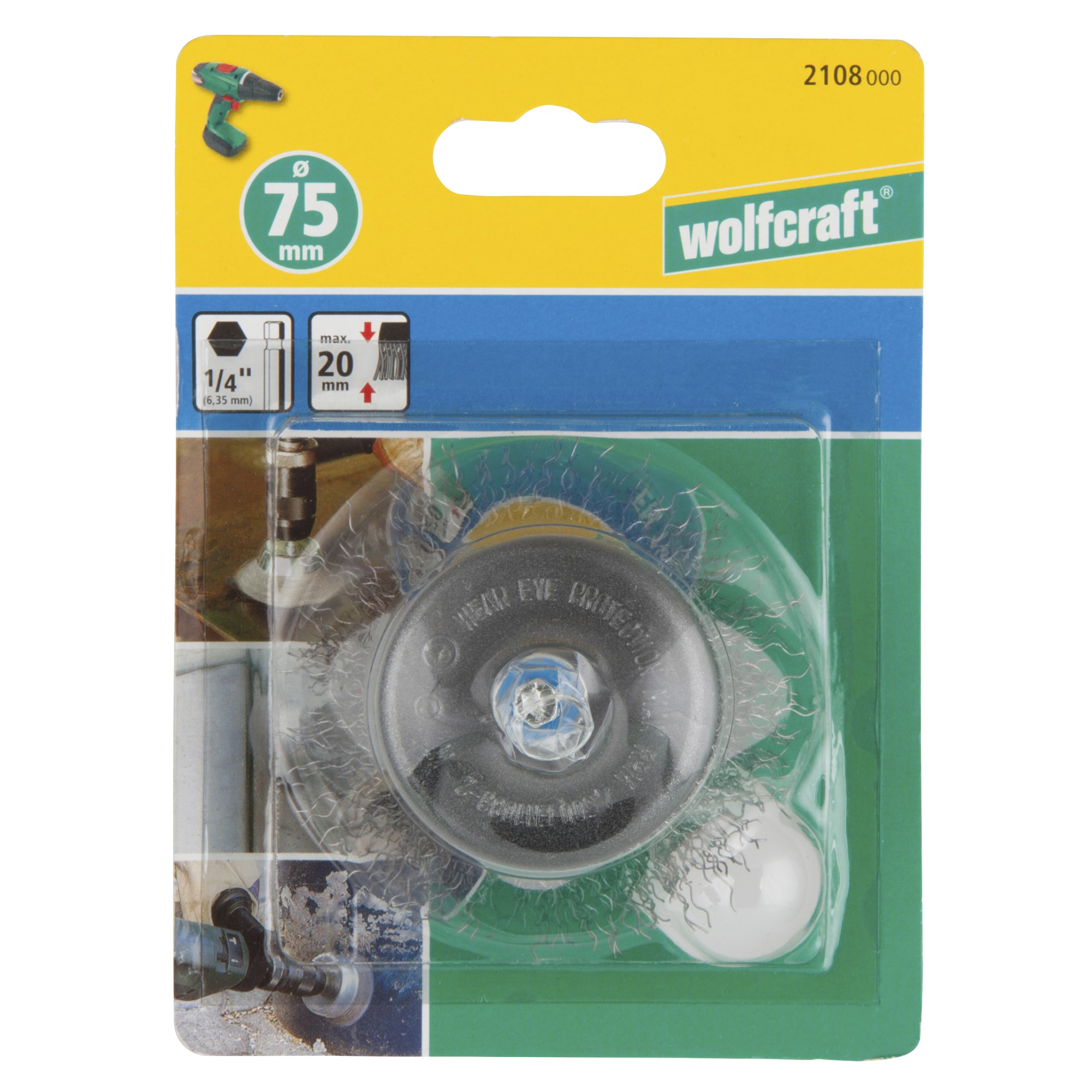 1 cepillo de copa de alambre de acero, vást. hexagonal, Ø 75 mm