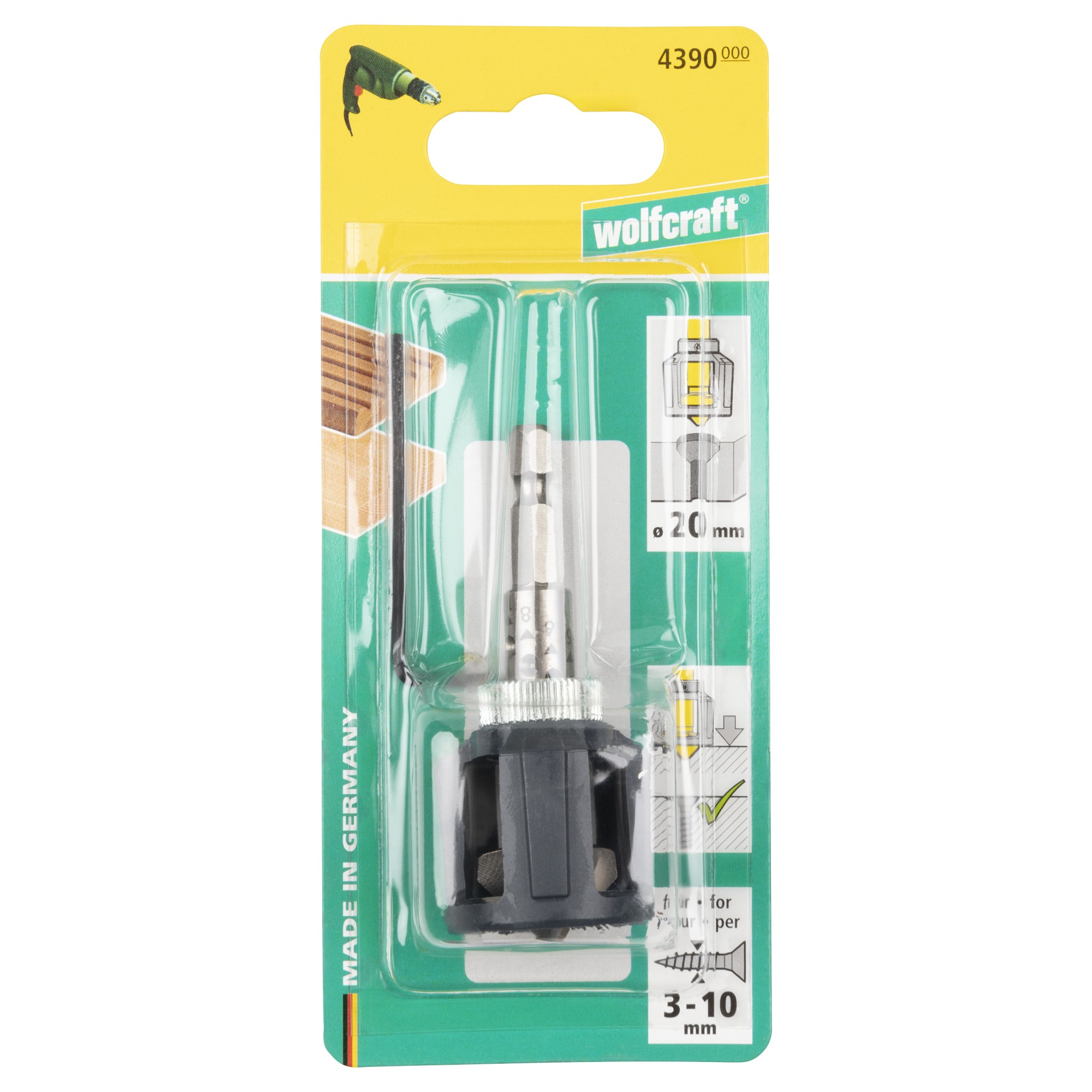 Avellanador cónico con tope de profundidad, vástago hexagonal