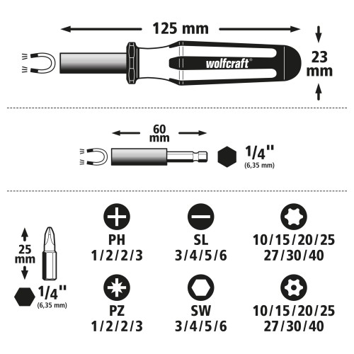Caja de puntas, ranura/estrella (PH/PZ) / TORX® (T) / TORX® con agujero / hexágono interior, 32 piezas