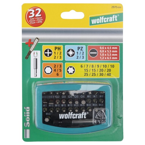Caja de puntas, ranura / estrella (PH/PZ) / TORX® (T) / hexágono interior, 32 piezas