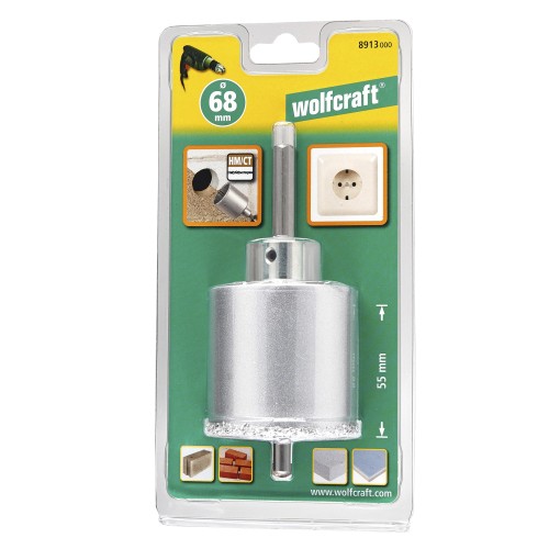Corona de perforación, recubierta de carburo de tungsteno, con adaptador, Ø 68 mm