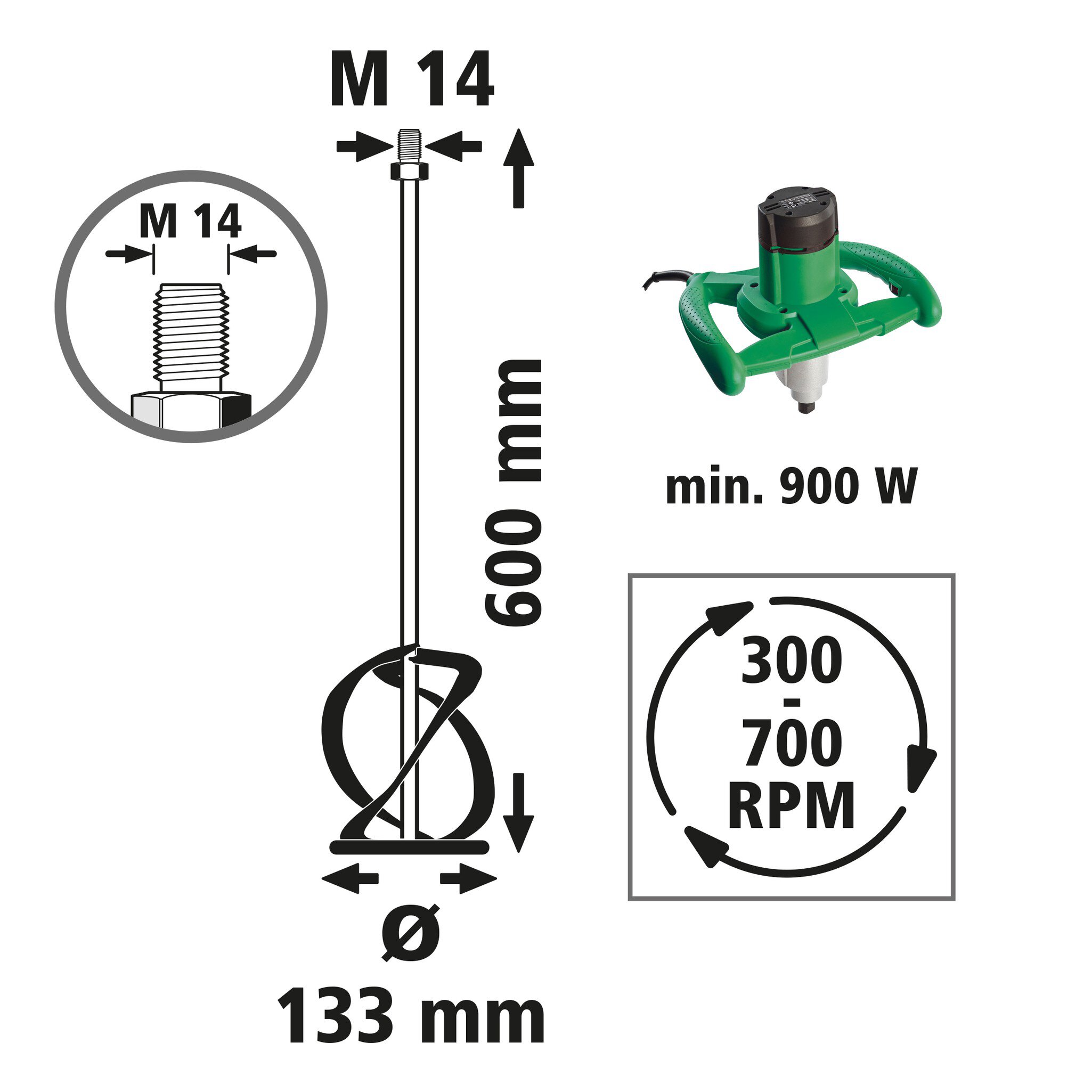 1 mezclador para mortero y cola M14, Ø 133x 600 mm