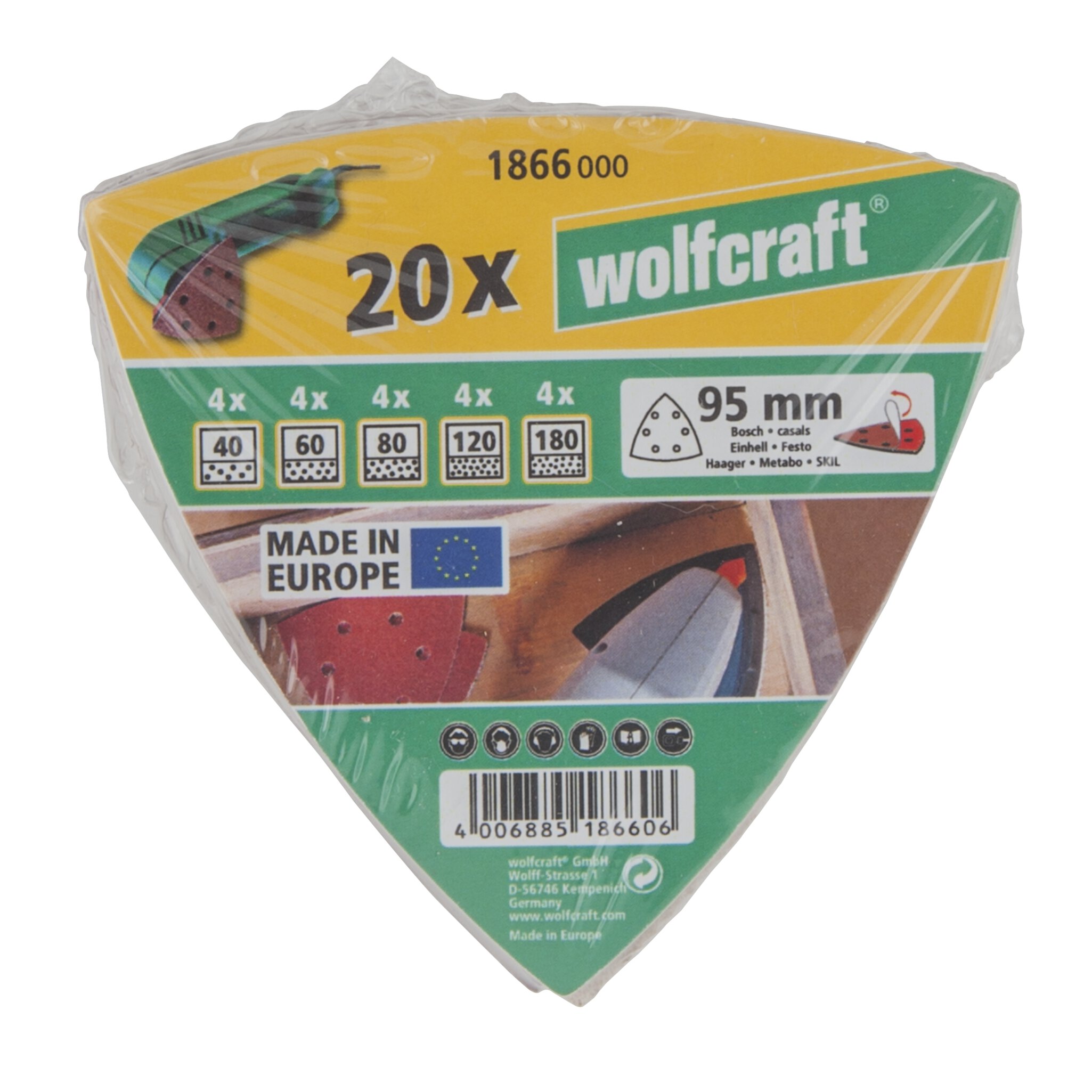 Juego de hojas abrasivas autoadherentes para madera/metal, 95 mm, tamaño de grano: 40-180, 20 piezas
