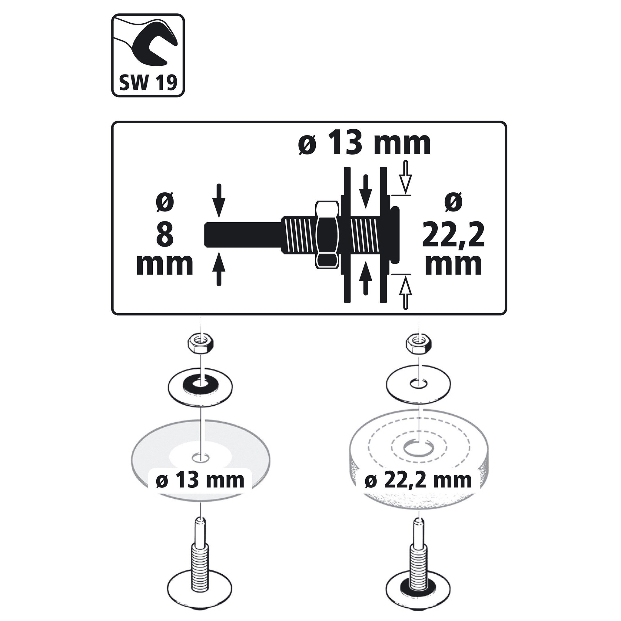 1 mandril para un agujero de 22,2/13 mm, vást. 8 mm