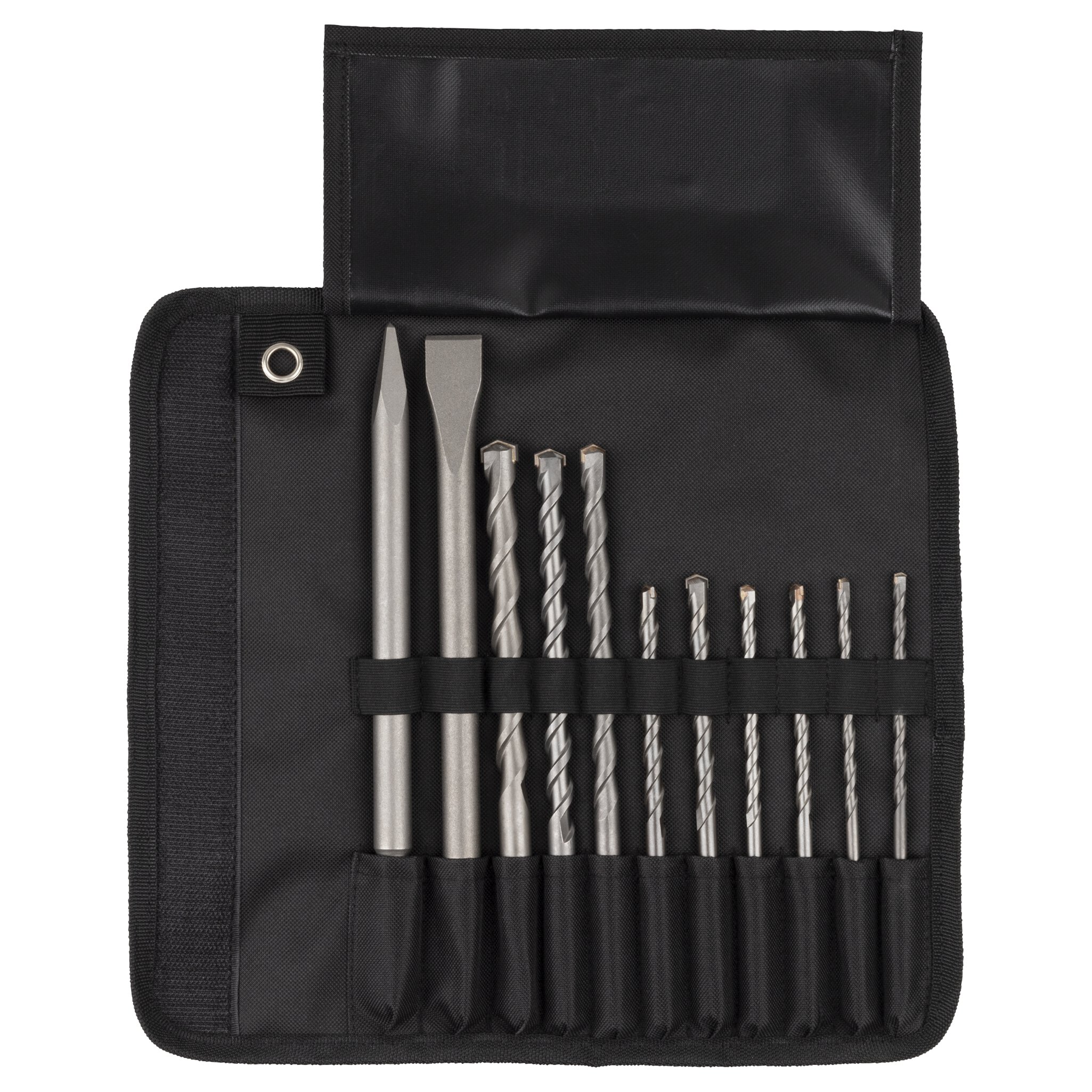 Juego de cinceles y brocas para hormigón, SDS-plus, 11 piezas, en bolsa enrollable