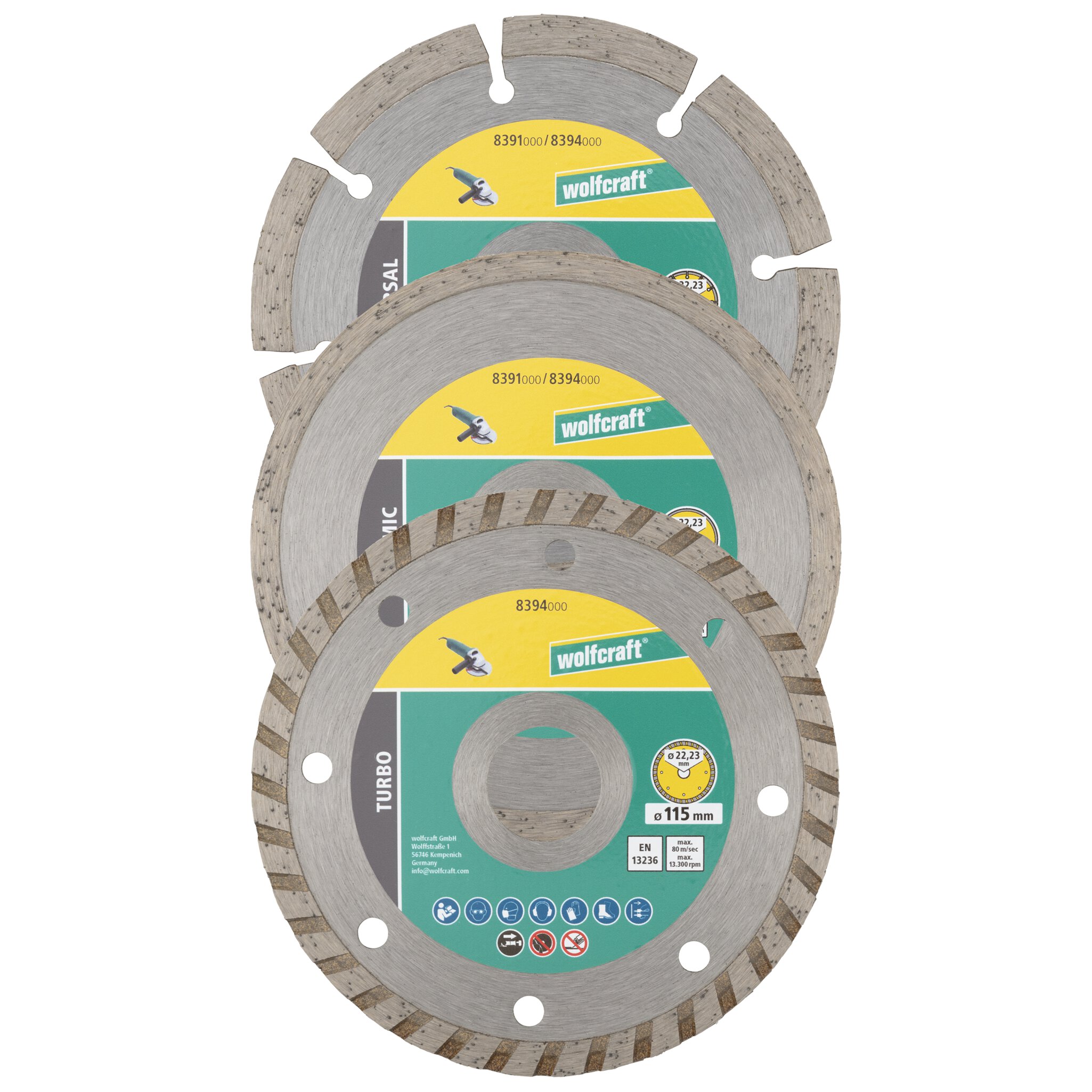 Juego de discos de corte diamantados, diámetro de 115 mm, 3 piezas