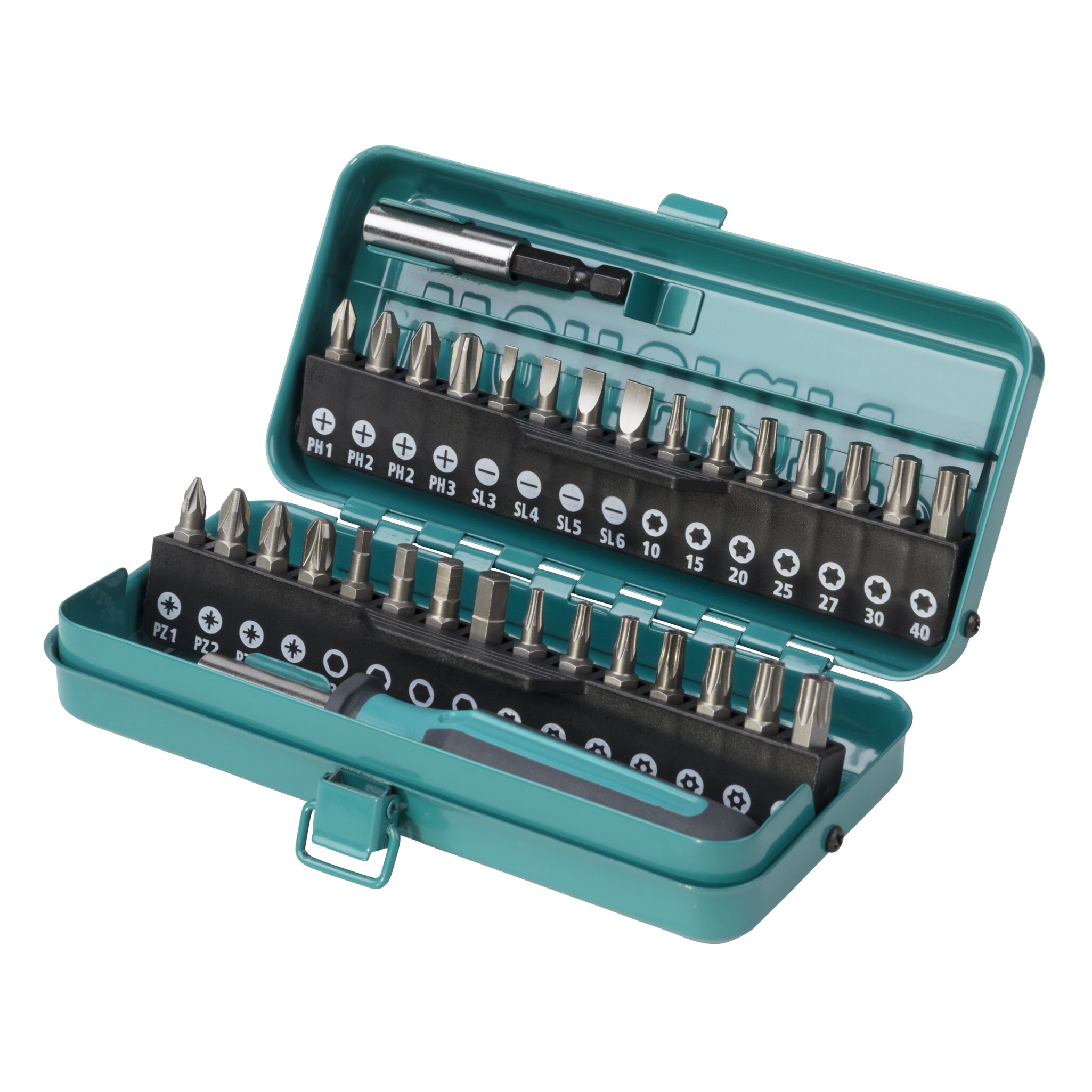 Caja de puntas, ranura/estrella (PH/PZ) / TORX® (T) / TORX® con agujero / hexágono interior, 32 piezas