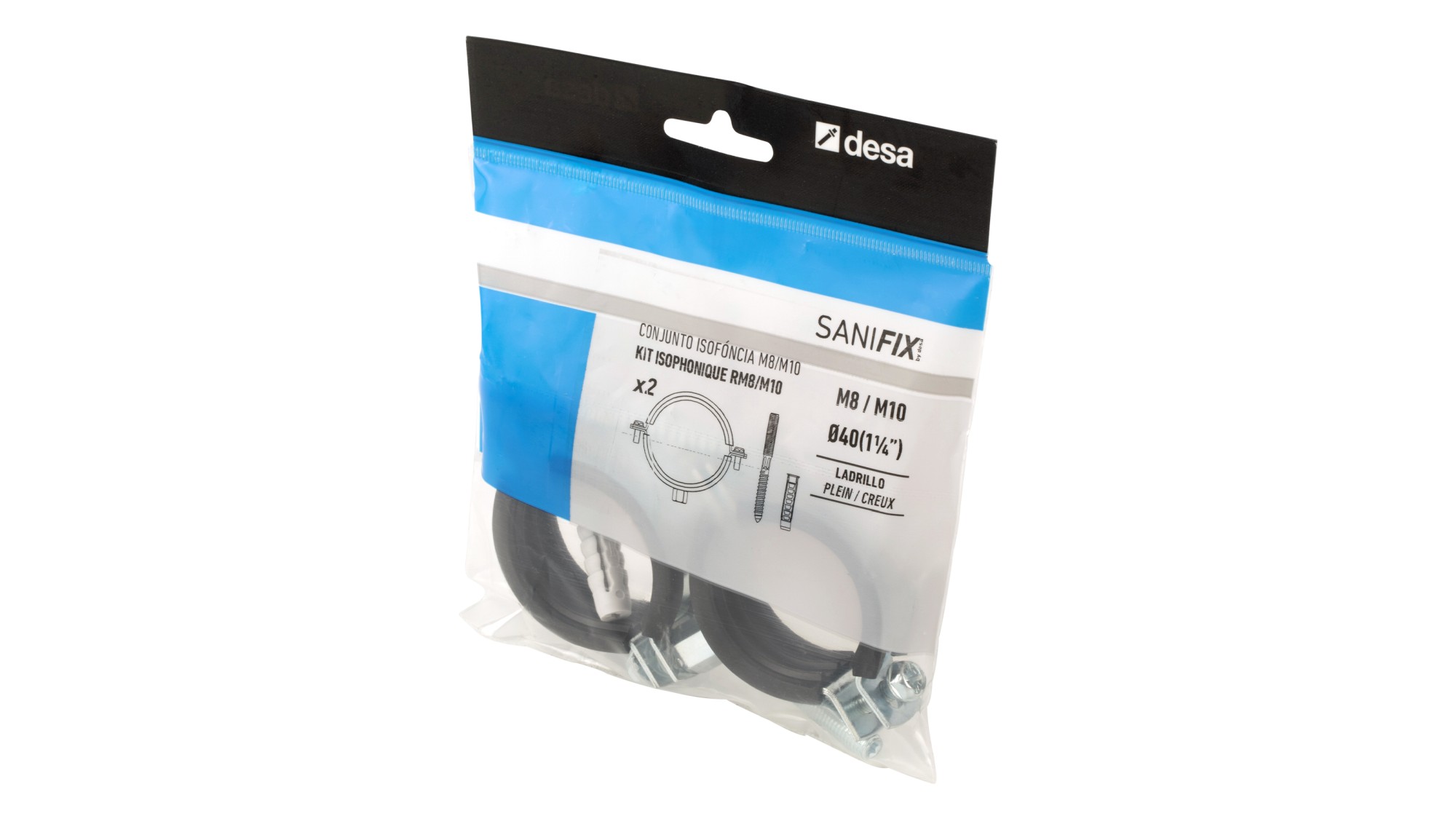 Abrazadera isofónica + taco + tirafondo doble rosca M8 / M10 - 22 (1/2")