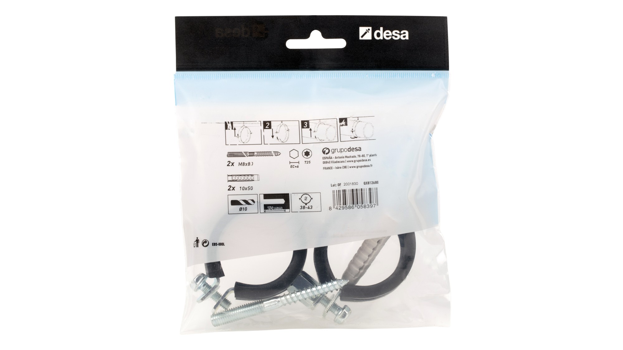 Abrazadera isofónica + taco + tirafondo doble rosca M8 / M10 - 22 (1/2")