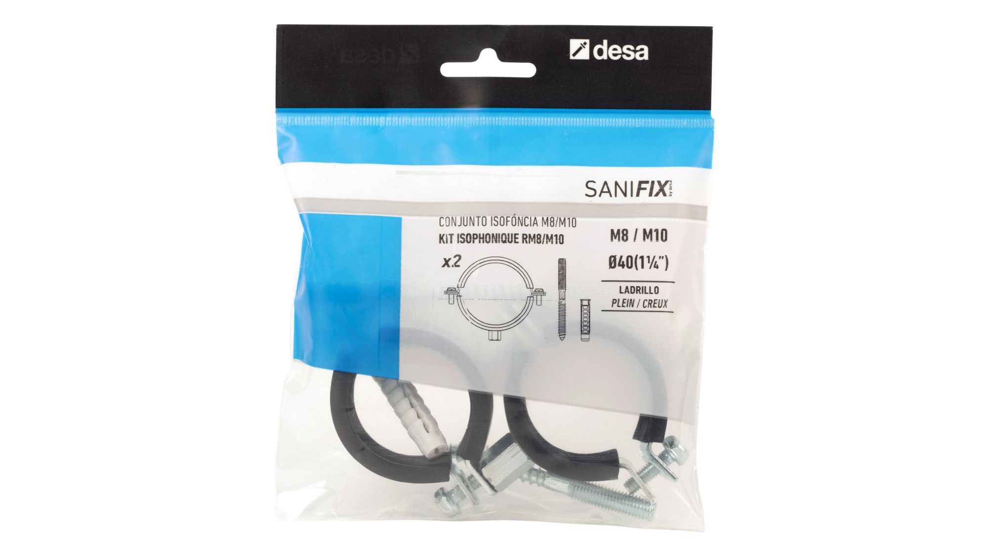 Abrazadera isofónica + taco + tirafondo doble rosca M8 / M10 - 22 (1/2")