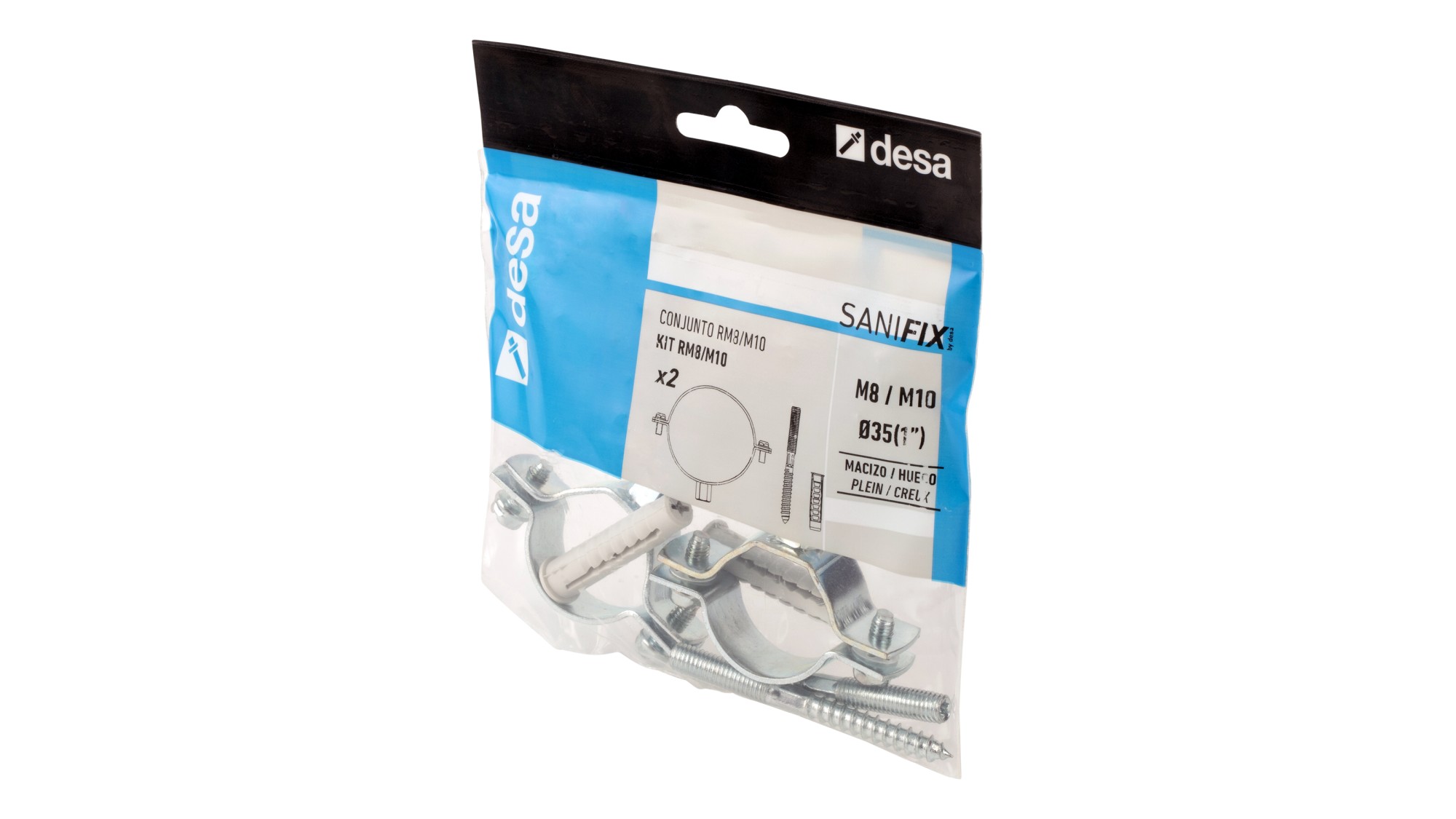 Abrazadera isofónica + taco + tirafondo doble rosca M8 / M10 - 48 (11/2")