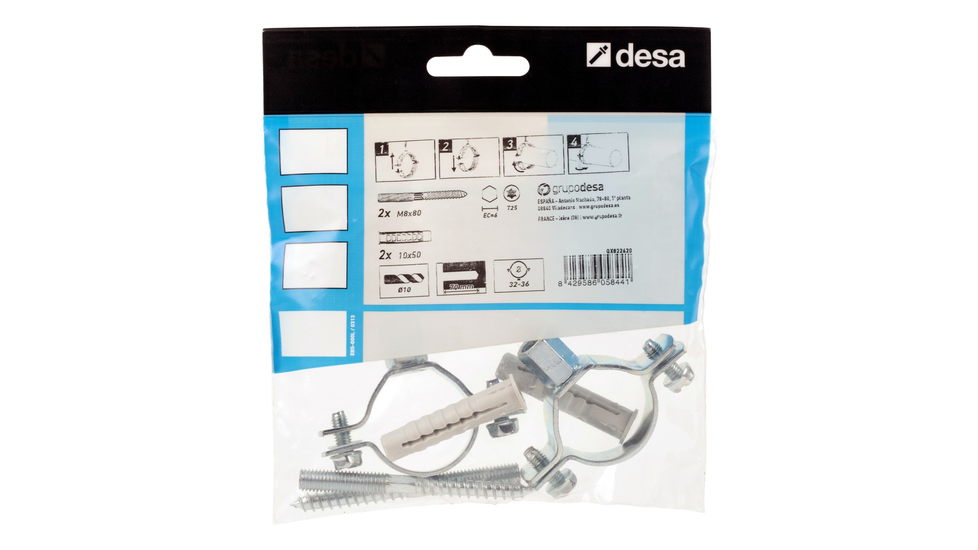 Abrazadera isofónica + taco + tirafondo doble rosca M8 / M10 - 48 (11/2")