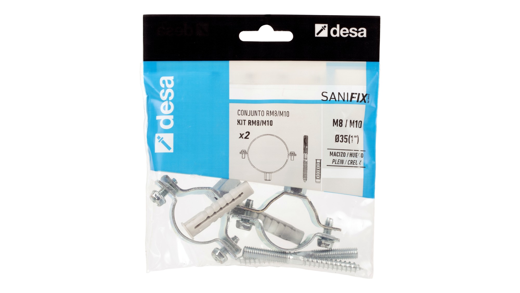 Abrazadera isofónica + taco + tirafondo doble rosca M8 / M10 - 48 (11/2")