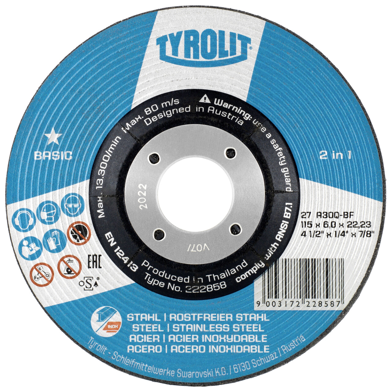 Tyrolit Disco de desbaste 115x6x22,23 mm A30Q BASIC acero/inox