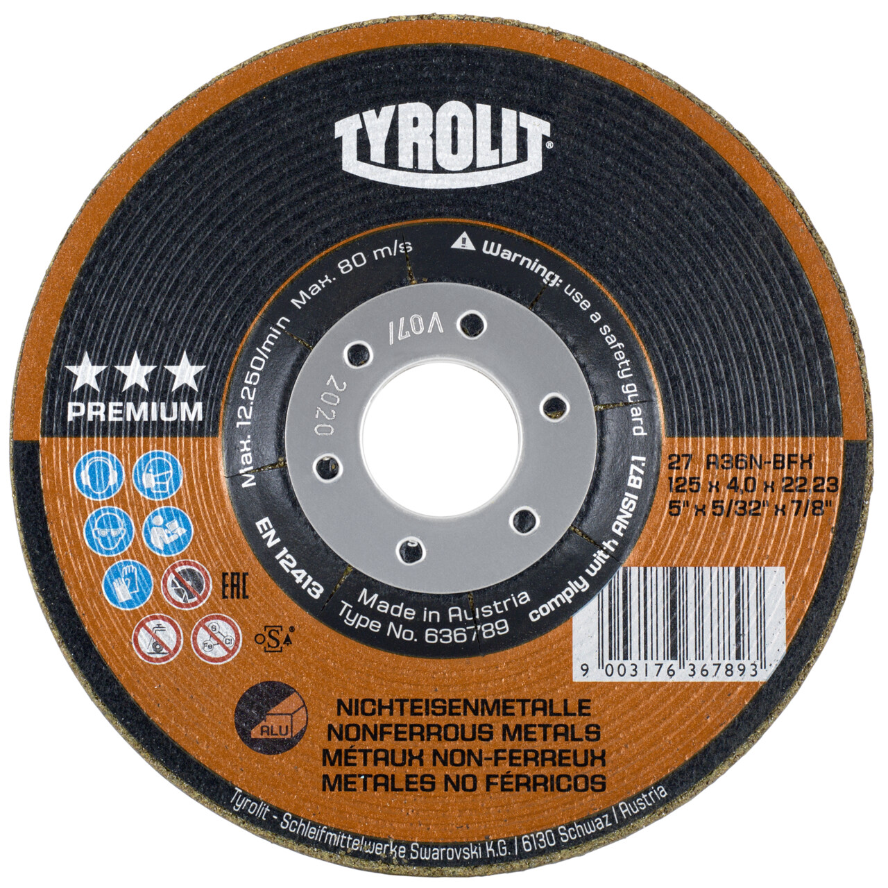 Tyrolit Disco de desbaste 125x4x22,23 mm A36N PREMIUM metales no férricos