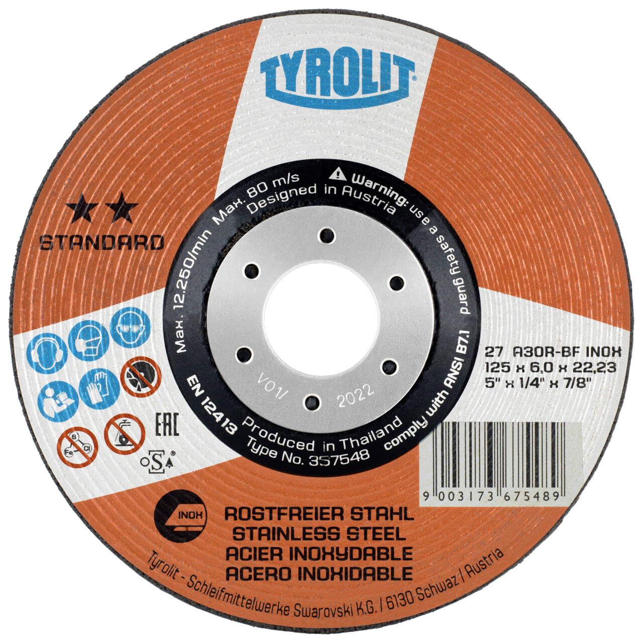 Tyrolit Disco de desbaste 125x6x22,23 mm A30R STANDARD inox