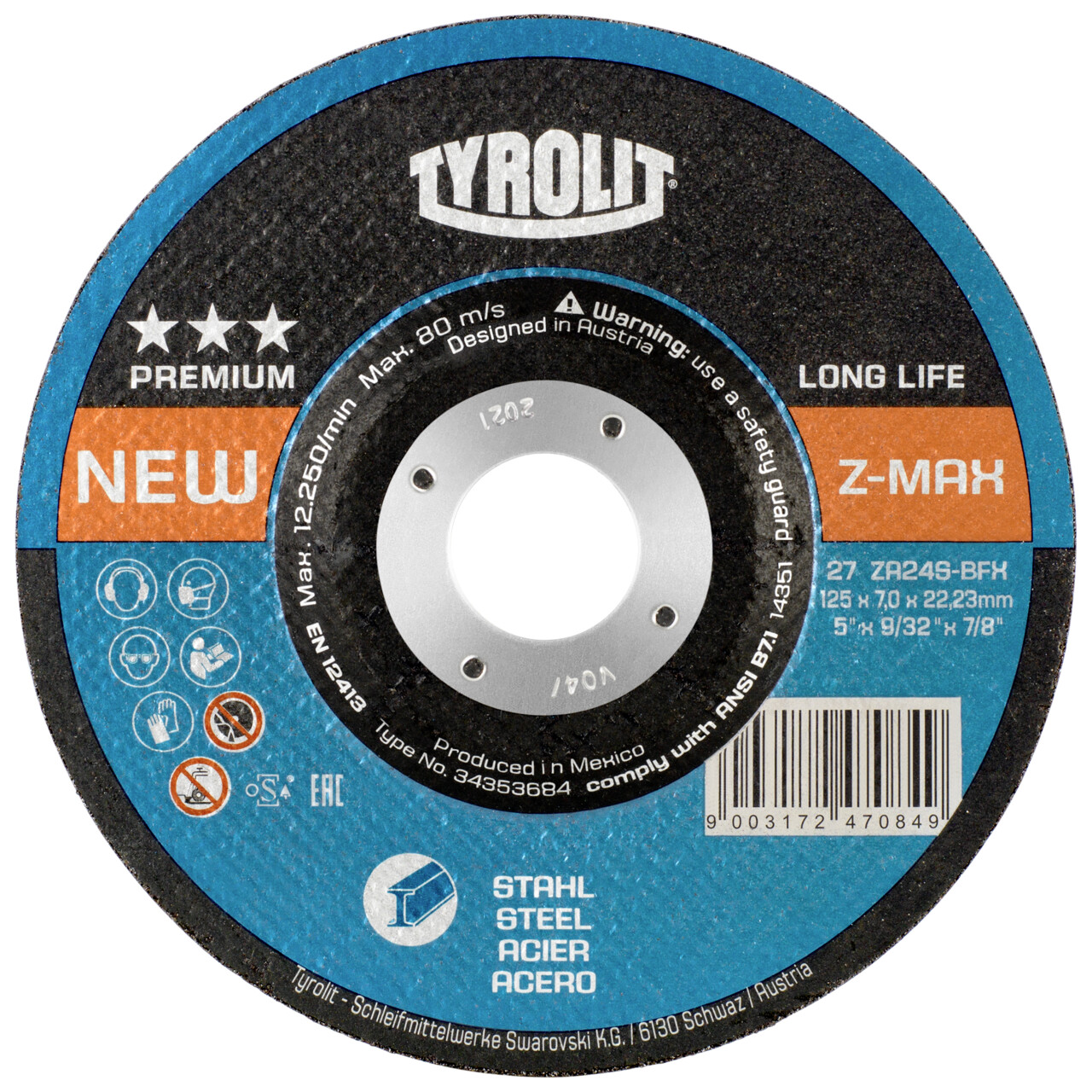 Tyrolit Disco de desbaste Z-MAX 125x7x22,23 mm ZA24S PREMIUM acero