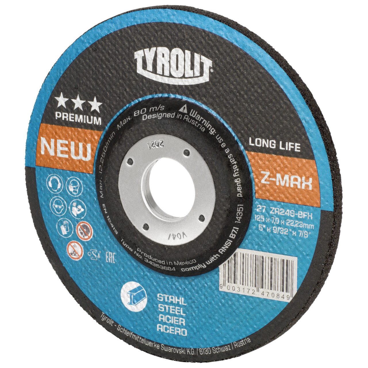 Tyrolit Disco de desbaste Z-MAX 125x7x22,23 mm ZA24S PREMIUM acero