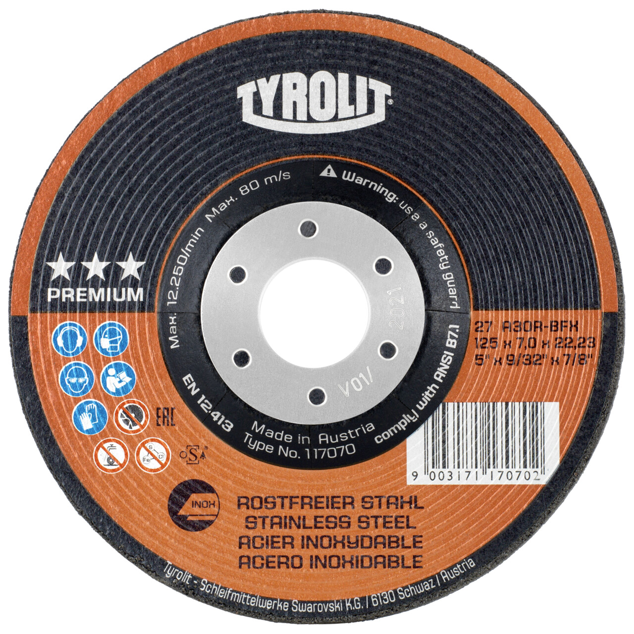 Tyrolit Disco de desbaste 125x7x22,23 mm A30R PREMIUM inox