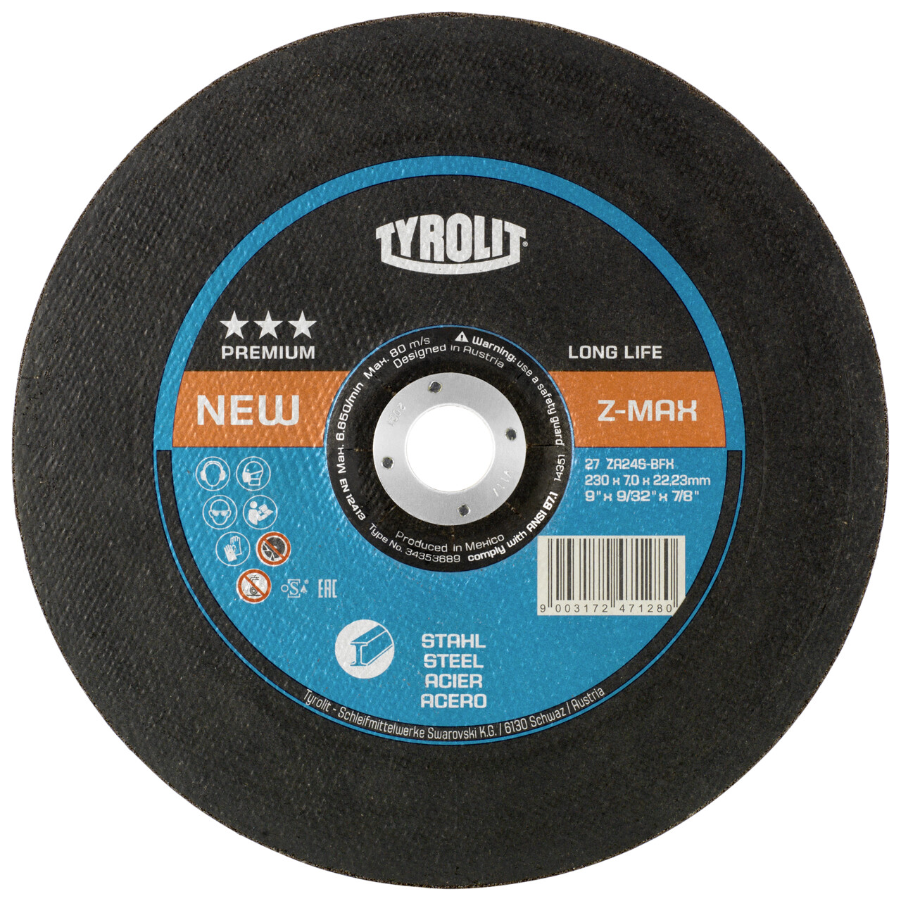 Tyrolit Disco de desbaste Z-MAX 230x7x22,23 mm ZA24S PREMIUM acero