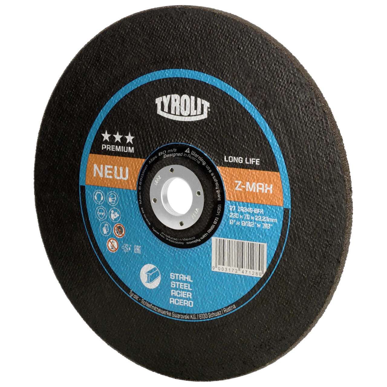 Tyrolit Disco de desbaste Z-MAX 230x7x22,23 mm ZA24S PREMIUM acero