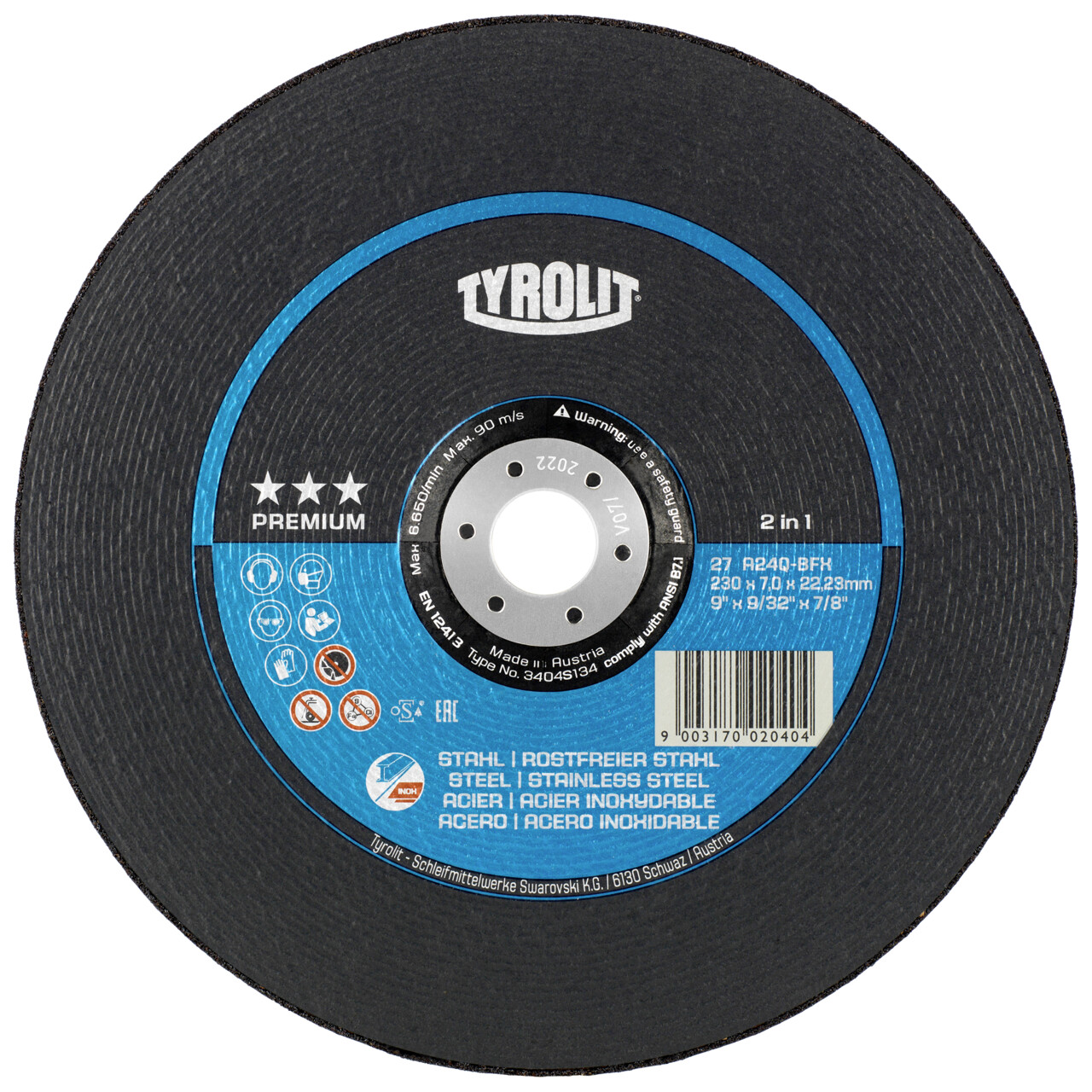 Tyrolit Disco de desbaste 230x7x22,23 mm A24Q PREMIUM acero/inox