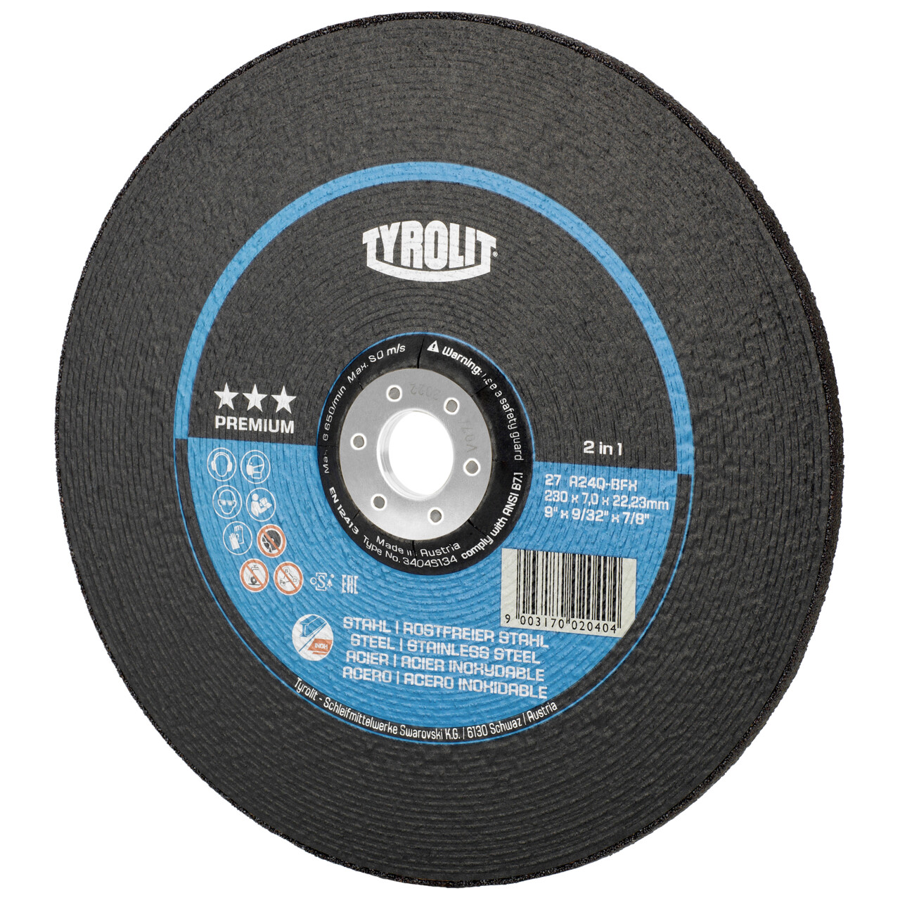 Tyrolit Disco de desbaste 230x7x22,23 mm A24Q PREMIUM acero/inox