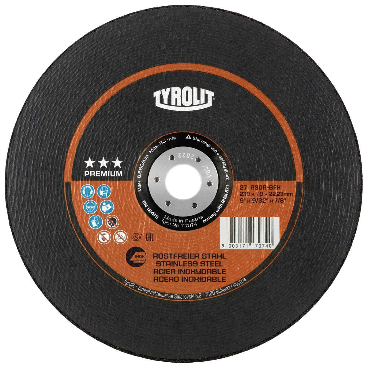 Tyrolit Disco de desbaste 230x7x22,23 mm A30R PREMIUM inox