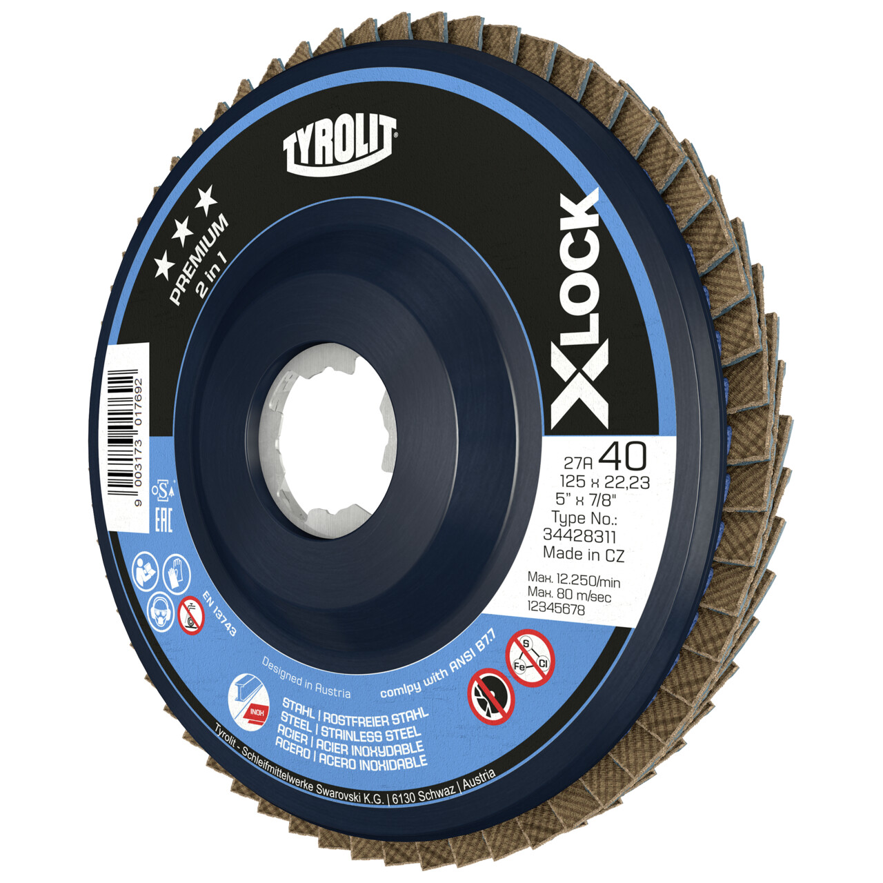 Tyrolit Disco de láminas X-LOCK inclinado 125x22,23 ZA40 PREMIUM acero/inox
