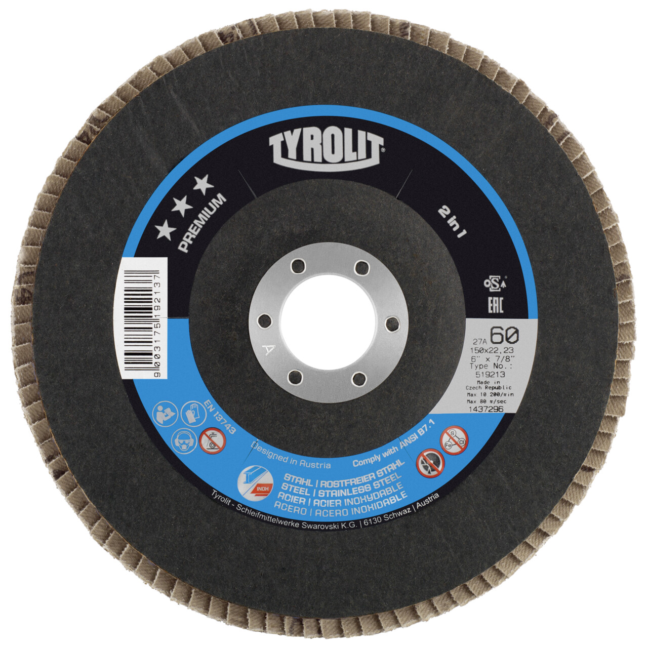 Tyrolit Disco de láminas inclinado 150x22,2 ZA60 PREMIUM acero/inox