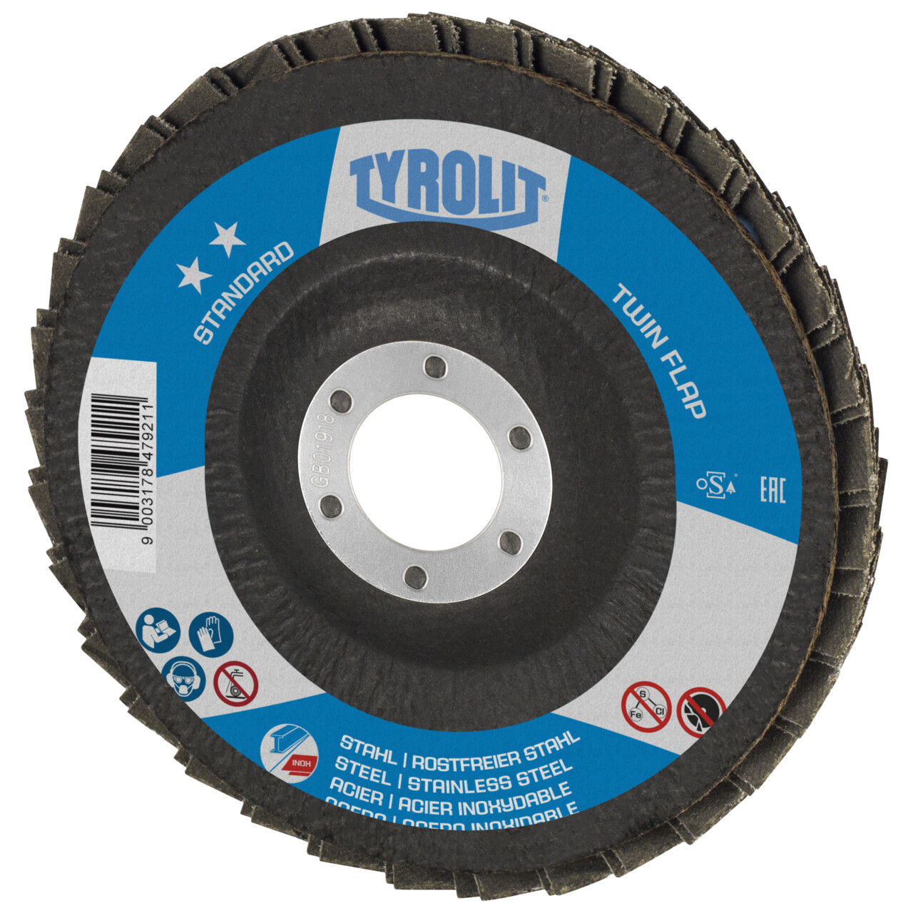 Tyrolit Disco de láminas TWIN FLAP inclinado 115x22,23 ZA40 STANDARD acero/inox