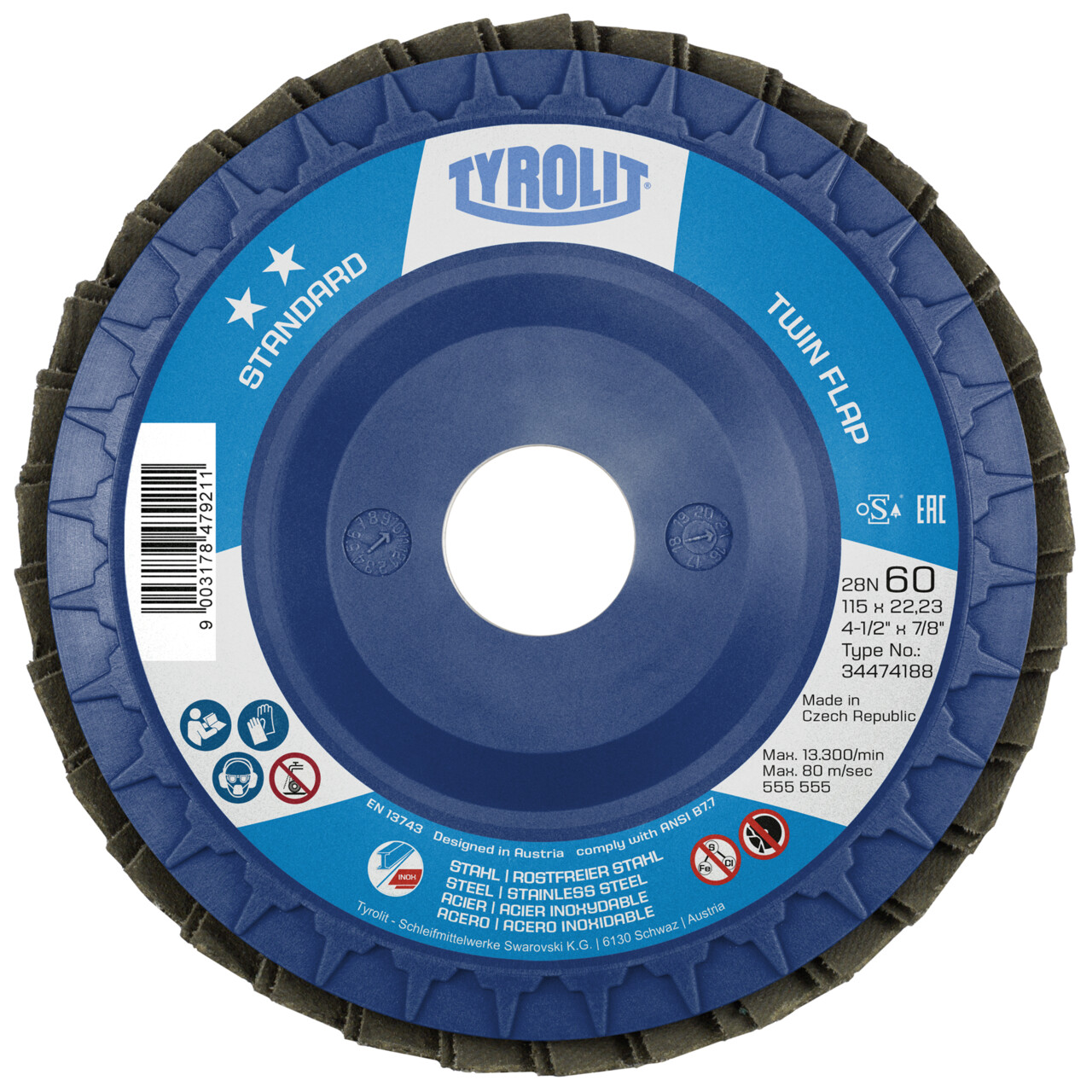 Tyrolit Disco de láminas TWIN FLAP recto 115x22,23 ZA40 STANDARD acero/inox