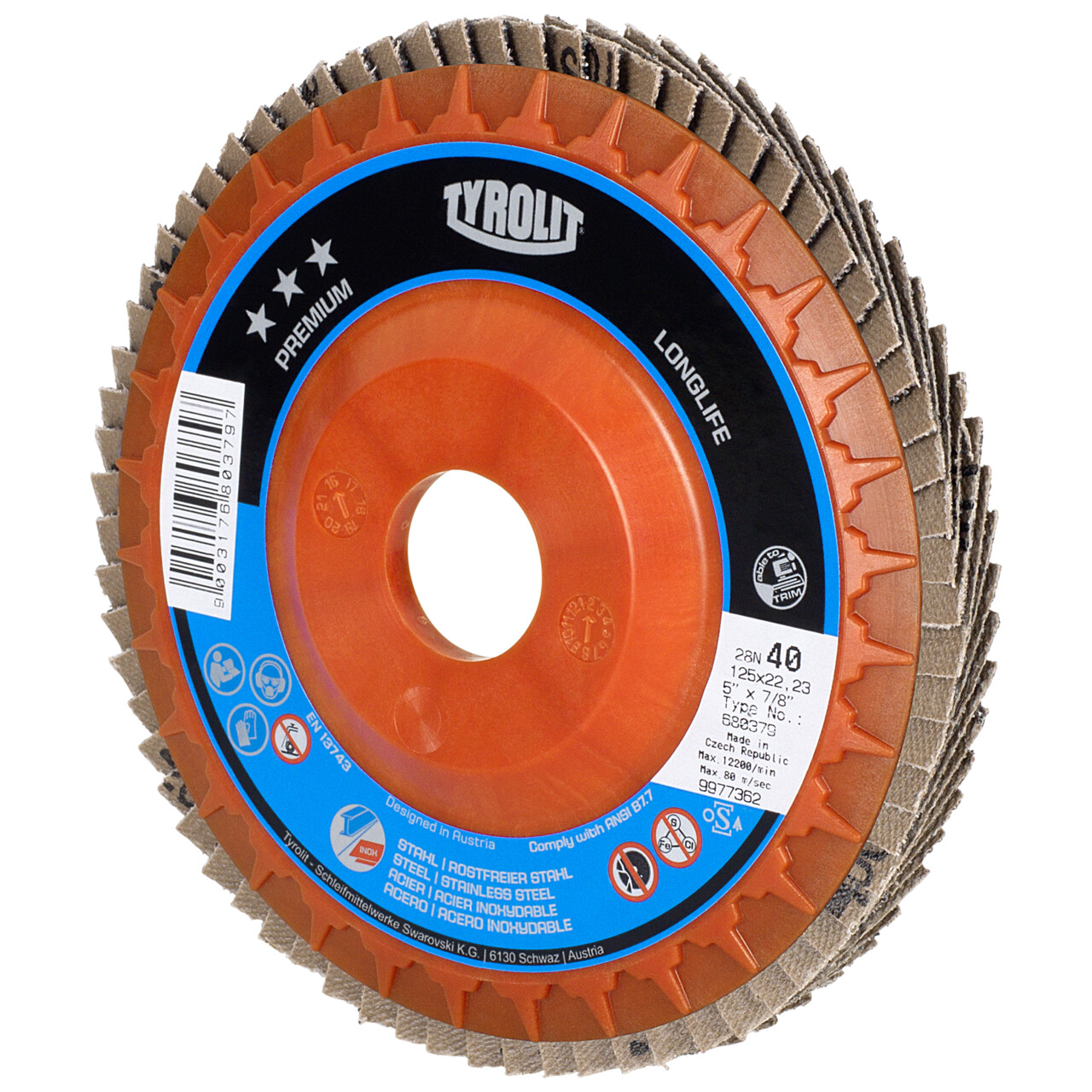 Tyrolit Disco de láminas LONGLIFE recto 125x22,23 ZA40 PREMIUM acero/inox