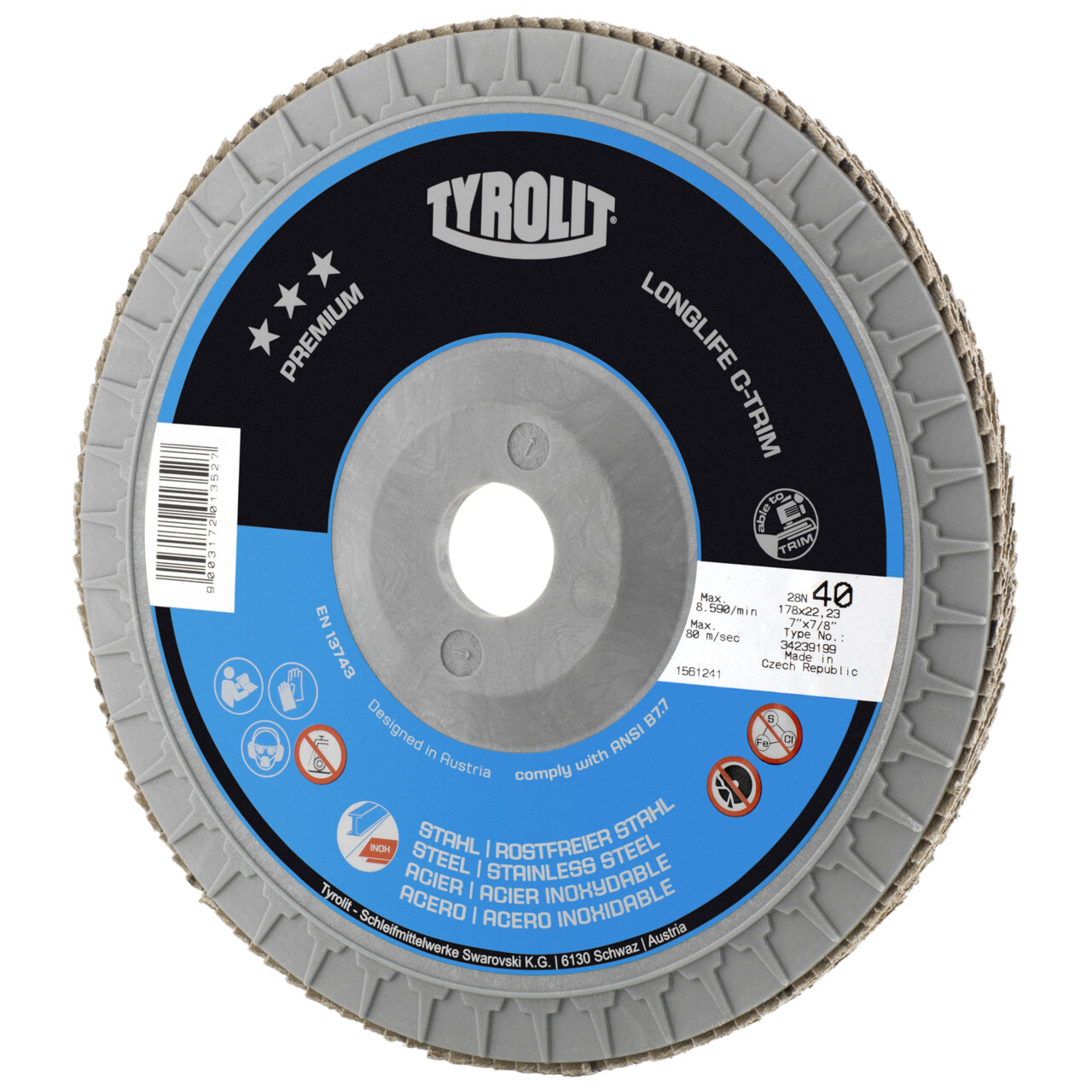 Tyrolit Disco de láminas C-TRIM recto 178x22,23 ZA40 PREMIUM acero/inox