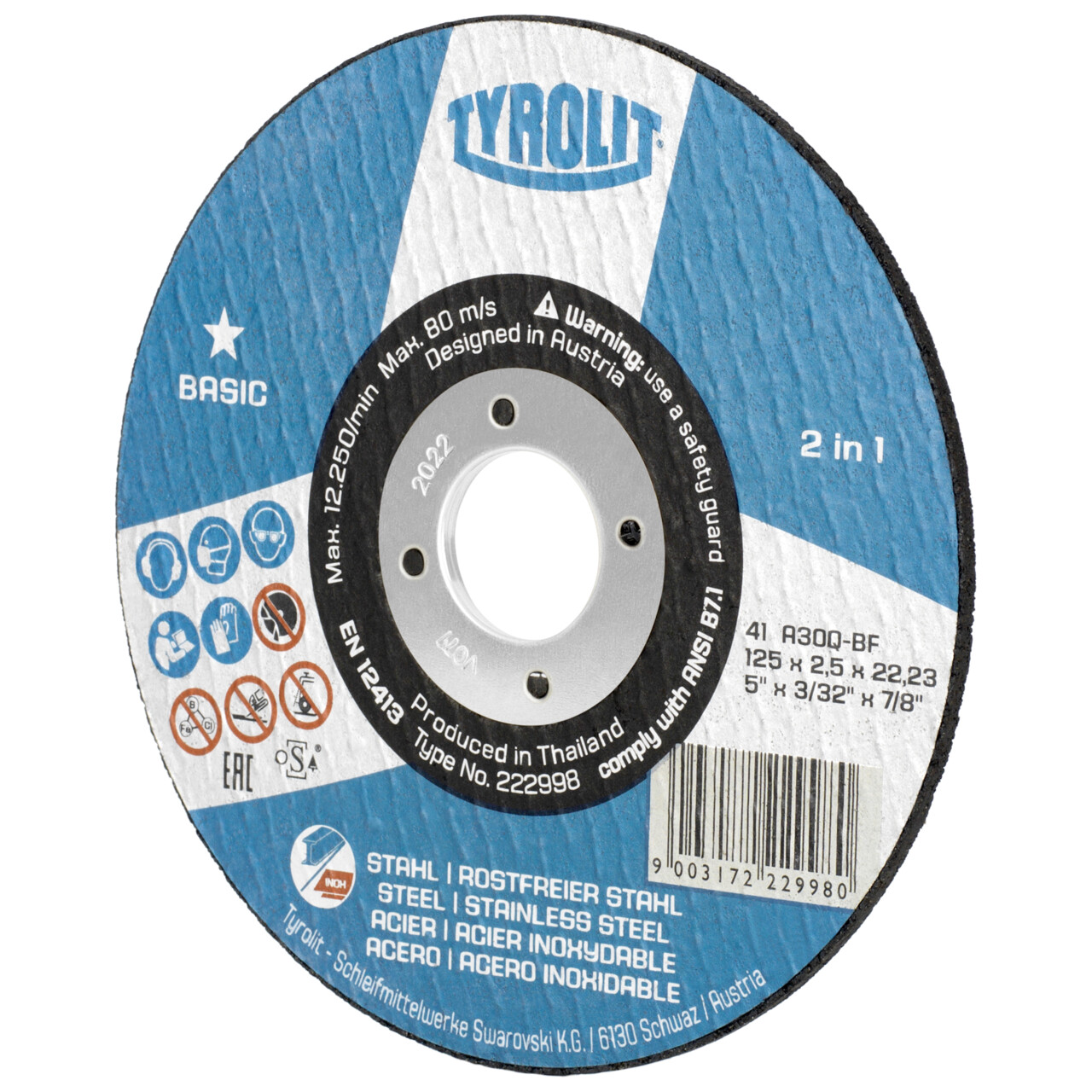 Tyrolit Disco de corte recto 125x2,5x22,23 A30 BASIC acero/inox