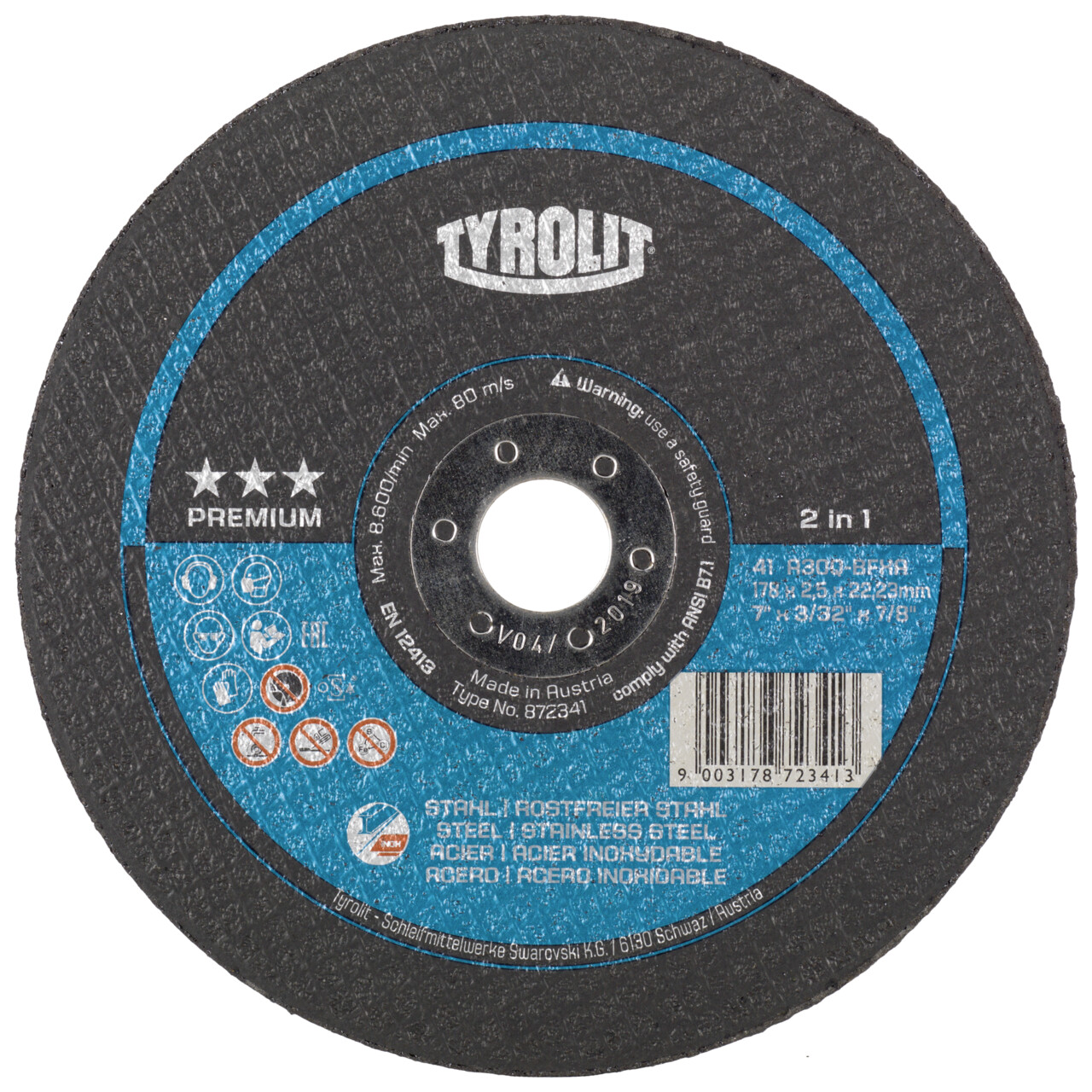 Tyrolit Disco de corte recto 178x2,5x22,23 A30 PREMIUM acero/inox