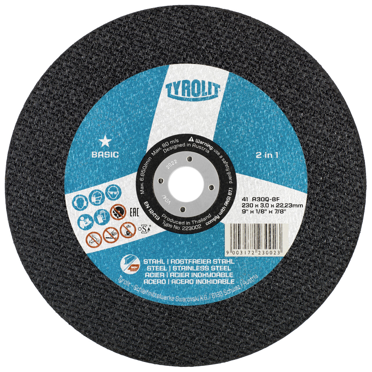 Tyrolit Disco de corte recto 230x3x22,23 A30 BASIC acero/inox