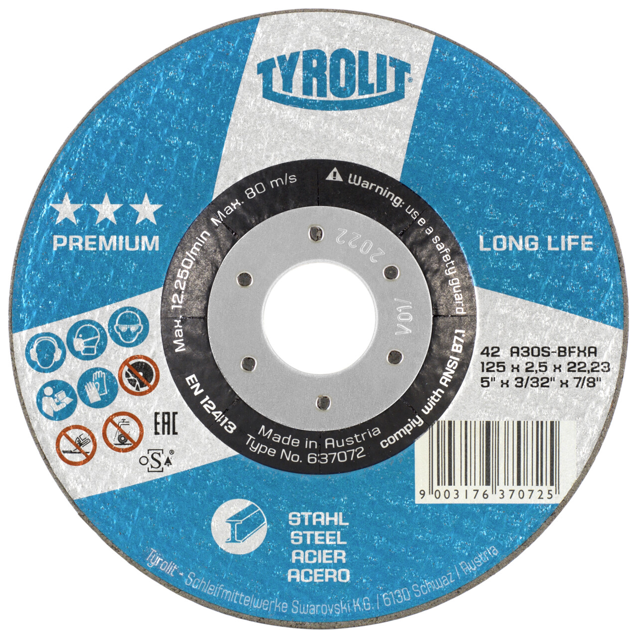 Tyrolit Disco de corte LONGLIFE abombado 125x2,5x22,23 A30 PREMIUM acero