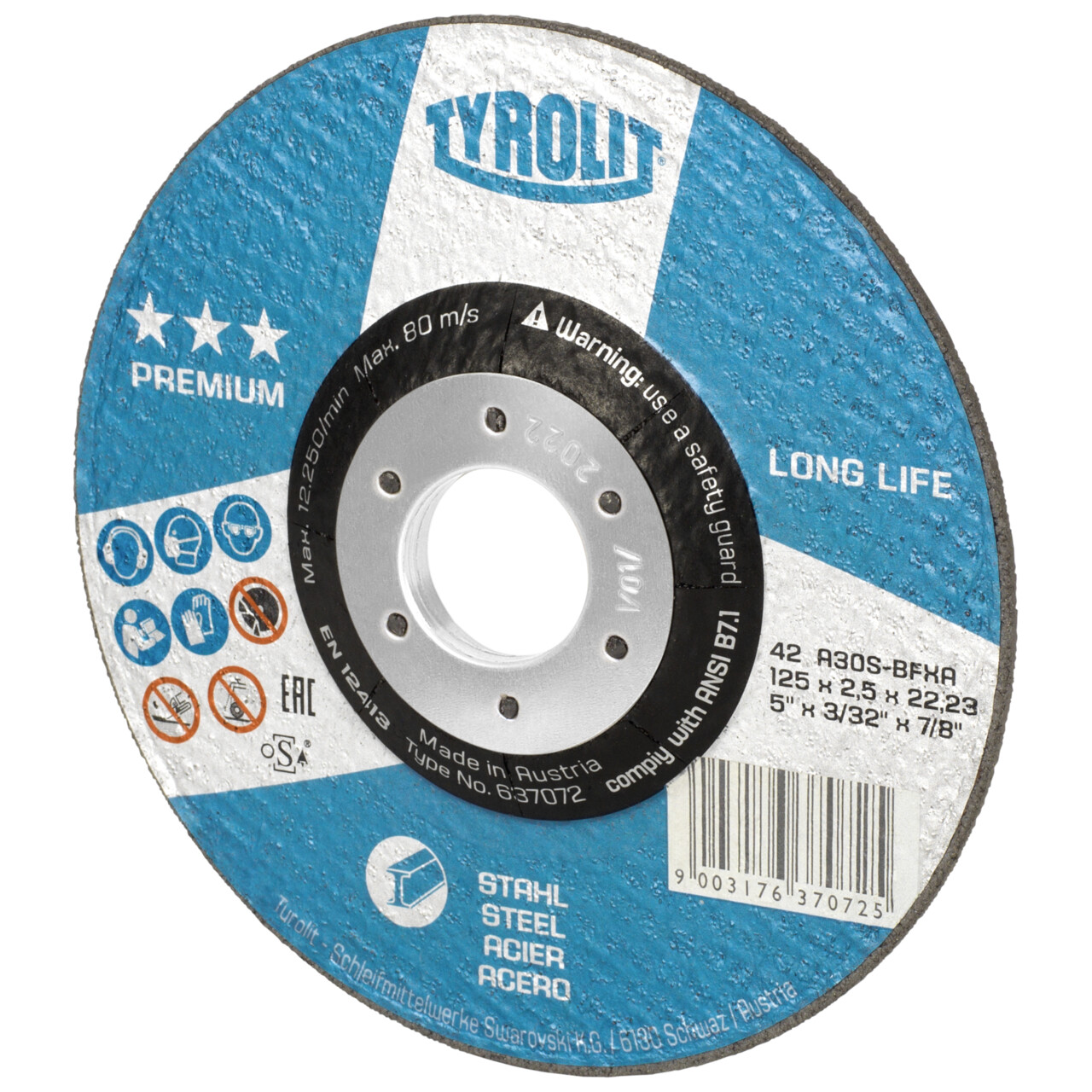 Tyrolit Disco de corte LONGLIFE abombado 125x2,5x22,23 A30 PREMIUM acero